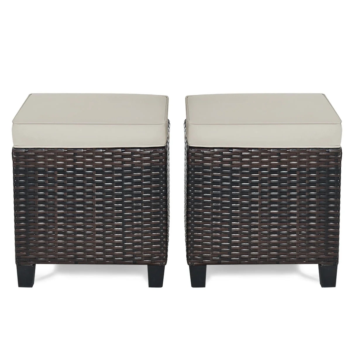 Gymax Set of 2 Patio Rattan Ottoman Footrest Garden Outdoor w/ Brown Cushion - Image 6