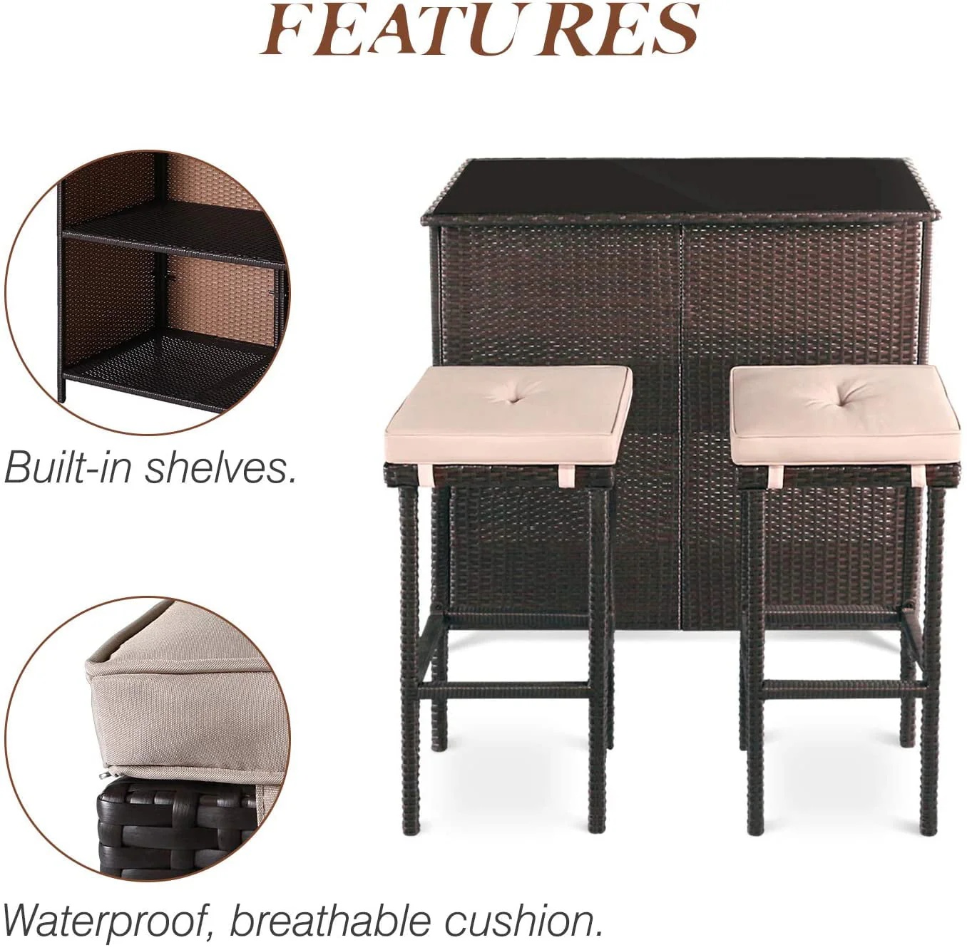 SOLAURA 3PCS Patio Outdoor Wicker Bar Set with Two Bar Stools and Glass-Top Table - Brown - Image 4