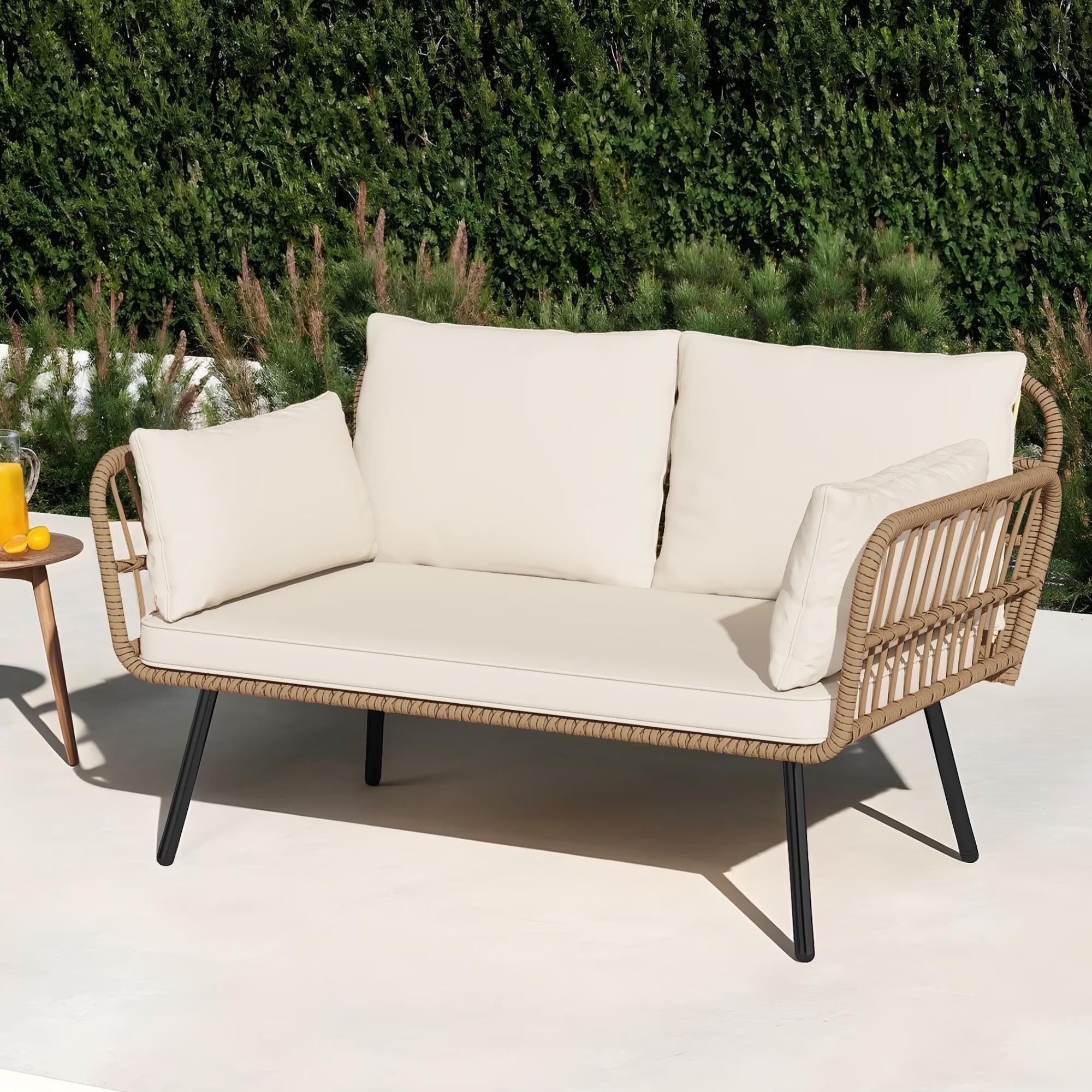 Uforic Outdoor Wicker Loveseat with Cushions and Rattan Side Table, All-Weather 2 Pieces Bistro Patio Conversation Furniture Set -Beige - Image 5
