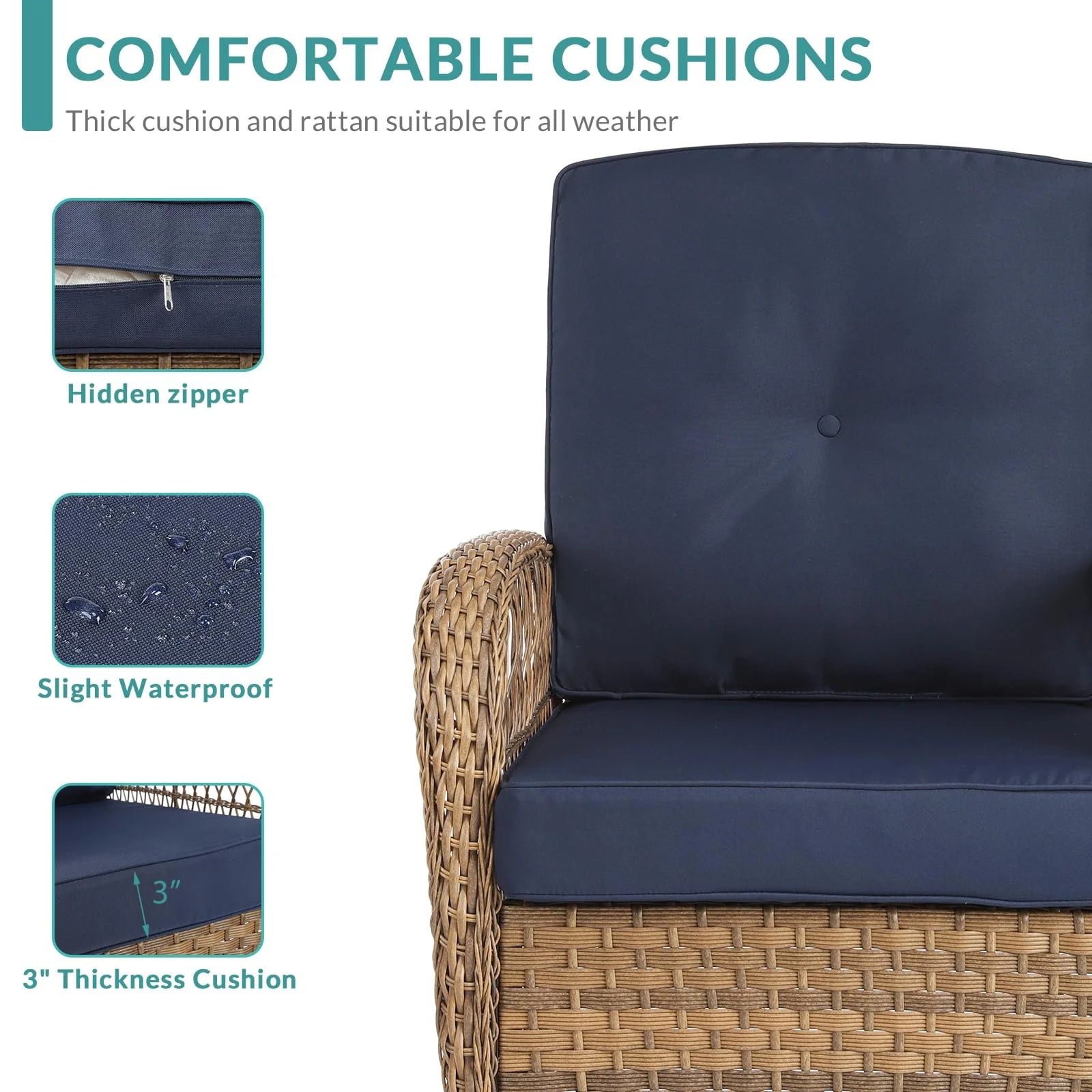 MEETWARM Patio Wicker Rocking Glider Set, All-Weather Outdoor Rattan Patio Rocking Chairs of 2, Patio Conversation Set with Thickened Cushions for Porch Garden & Backyard, Navy Blue - Image 8