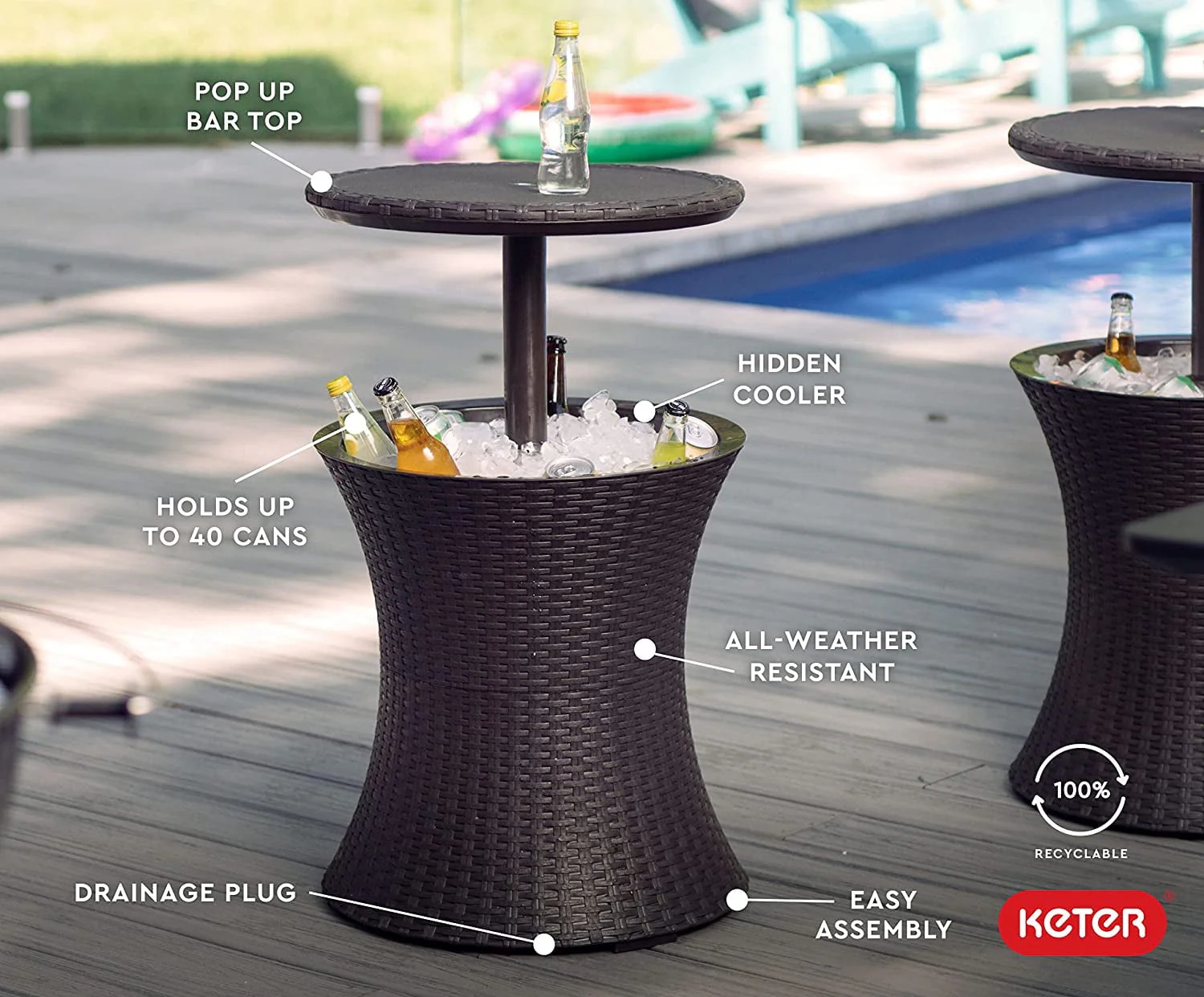Keter Pacific 7.5 Gallon Cool Bar , Resin Outdoor Patio Beverage Cooler Table, Extra Storage, Rattan Look Brown - Image 4