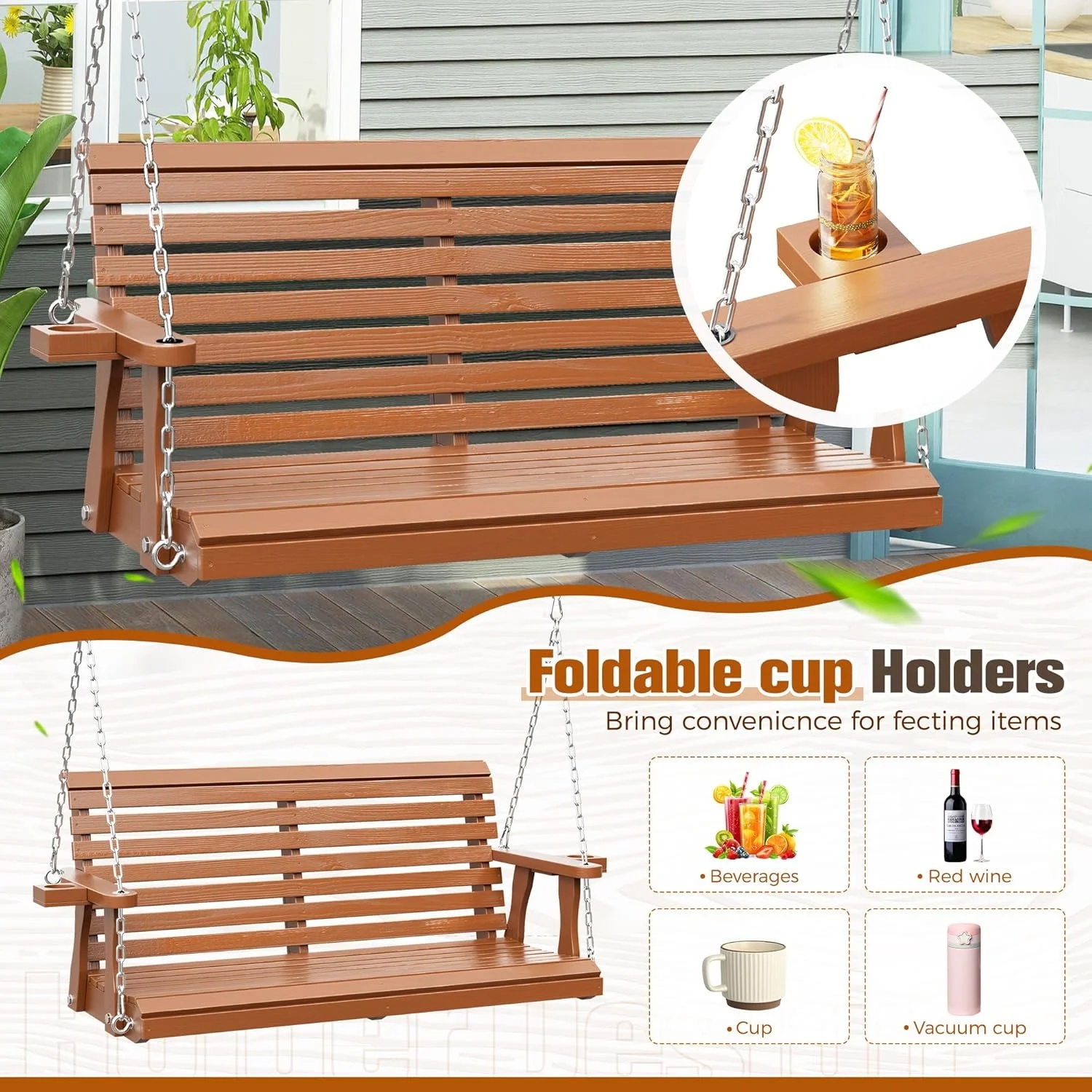 SOLAURA 2 Seat Outdoor Wooden Porch Swing with Cup Holders, Hanging Patio Swing with Hanging Chains, Swing Bench Chair for Backyard Garden Balcony, 440lbs Weight Capacity, Brown - Image 10
