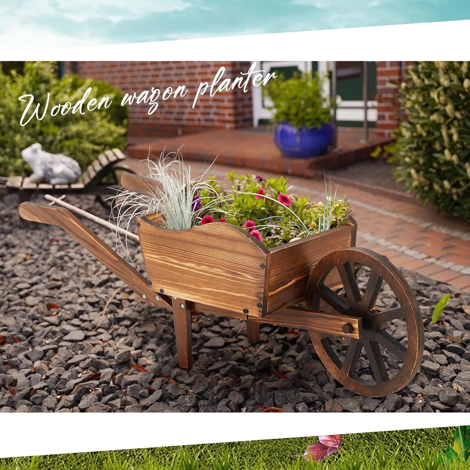 Wooden Wagon Planter Box, Garden Planter with Wagon Wheels, Flower Cart for Patio Garden Balcony, Decorative Patio Flowers Herbs Vegetables for Indoor Outdoor Decor, Brown(Rustic) - Image 7