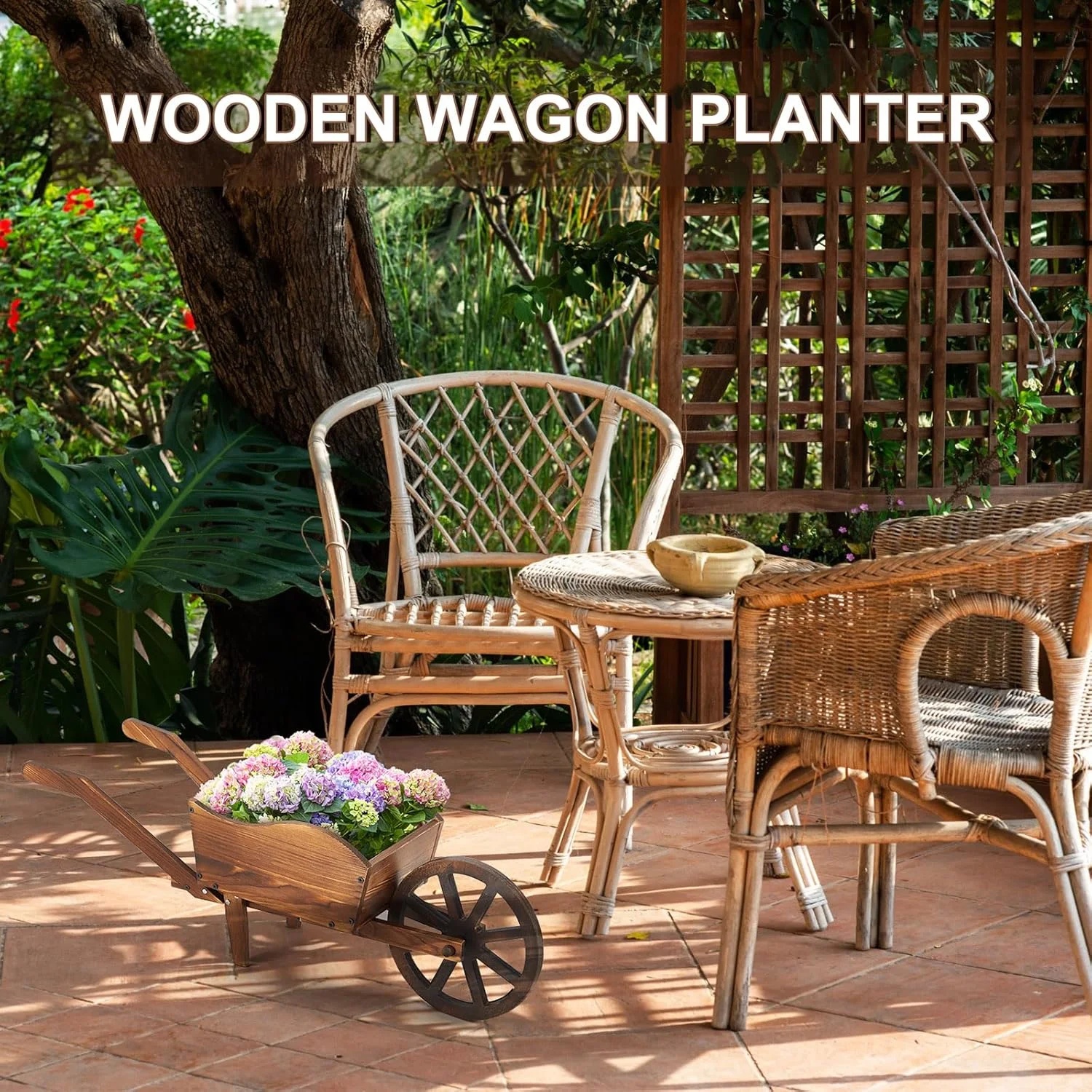 Wooden Wagon Planter Box, Garden Planter with Wagon Wheels, Flower Cart for Patio Garden Balcony, Decorative Patio Flowers Herbs Vegetables for Indoor Outdoor Decor, Brown(Rustic) - Image 4