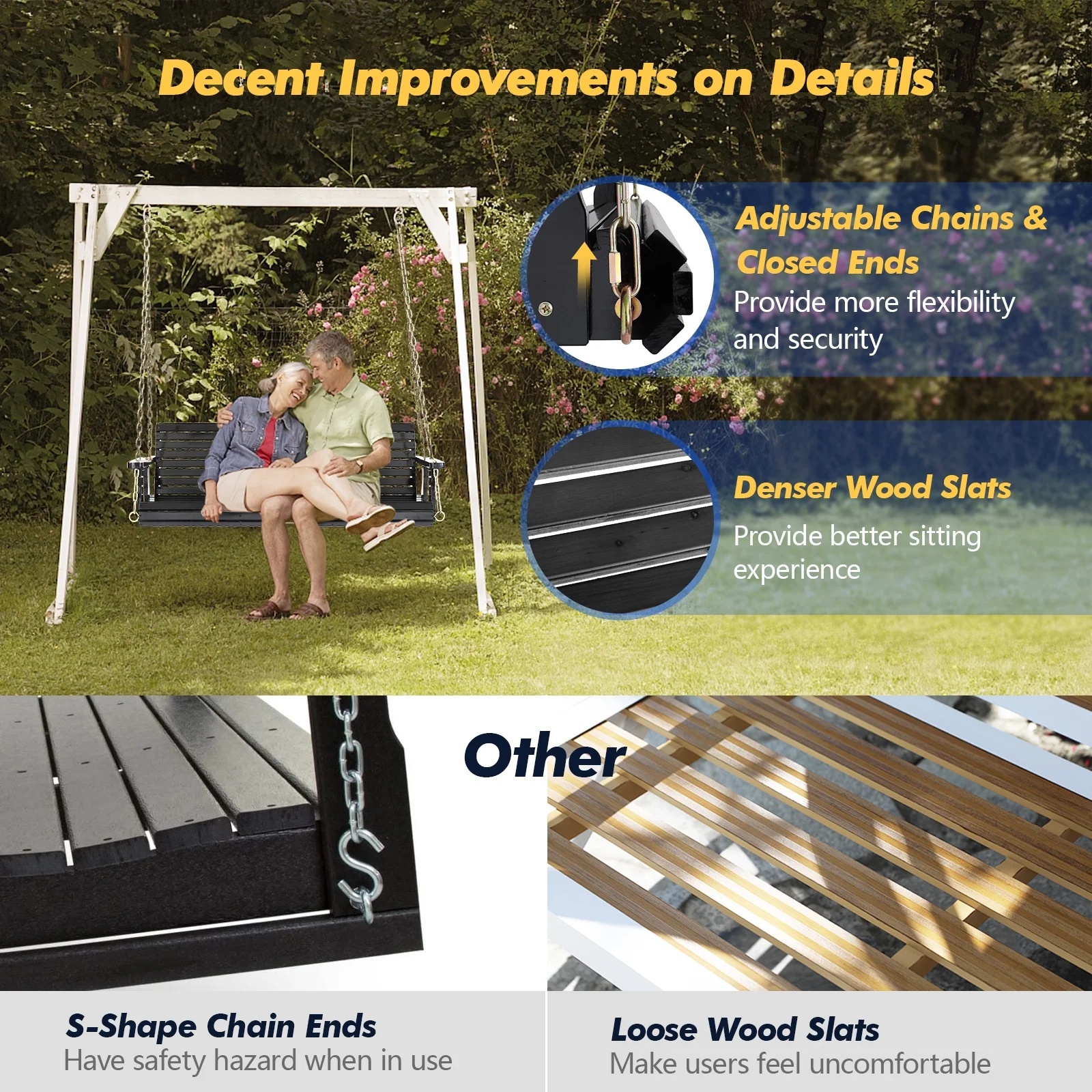 Ktaxon Patio Wooden Porch Swing for Courtyard & Garden, Heavy Duty 880 LBS Swing Chair Bench with Hanging Chains for Outdoors (White, 4 FT) - Image 19