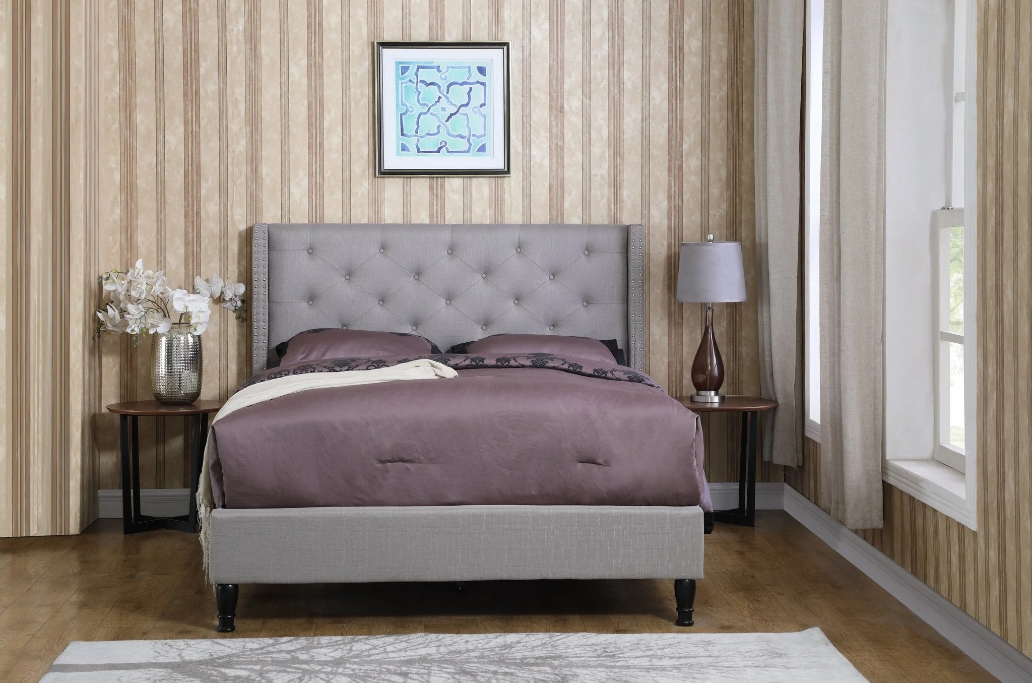 Full Size Upholstered Platform Bed Frame with 51" Tall Headboard - Button Tufted Cloth Bed - Wood Slat Support with Storage Space- No Box Spring Needed- Easy Assembly- Gray - OLIVER & SMITH - Image 2
