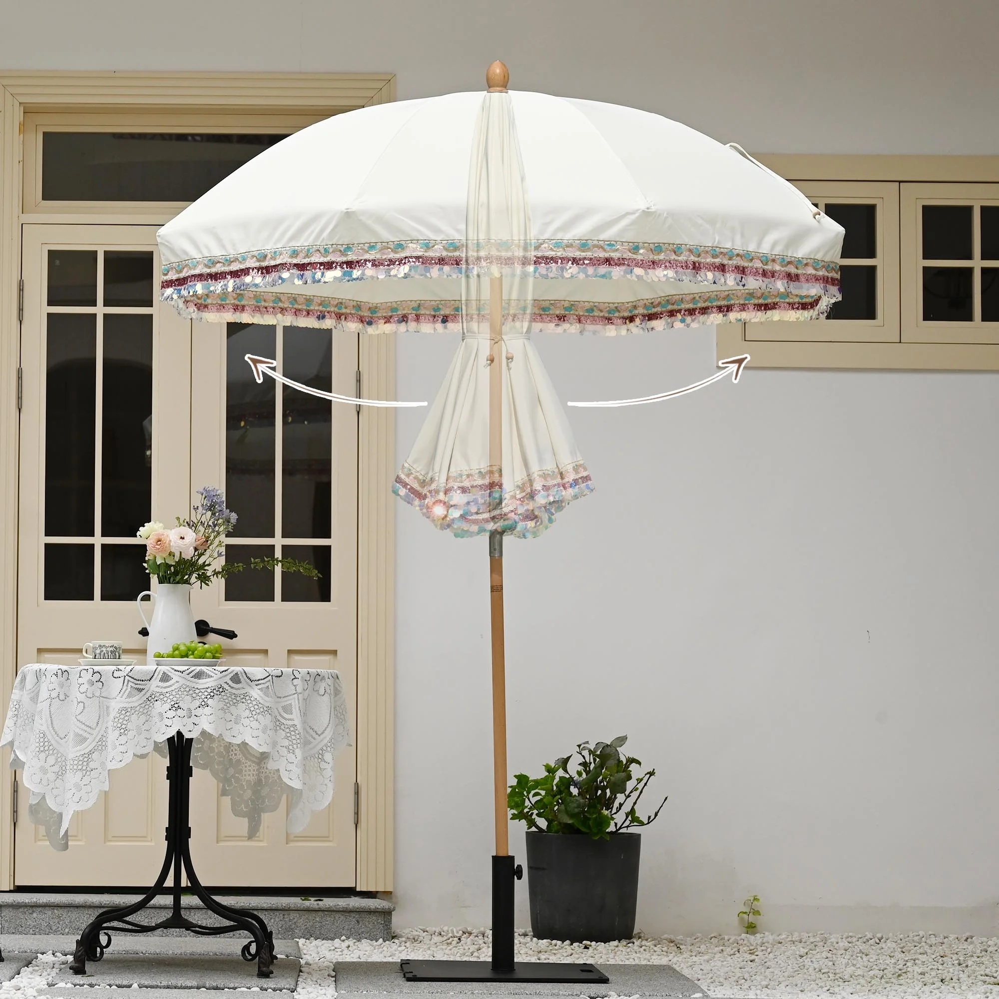 LAGarden 6 Ft Fringe Patio Umbrella with Tassel Jazz Age Wood UPF50+ for Outdoor, Beige with gold tassel,Model: JZ6-01 - Image 23