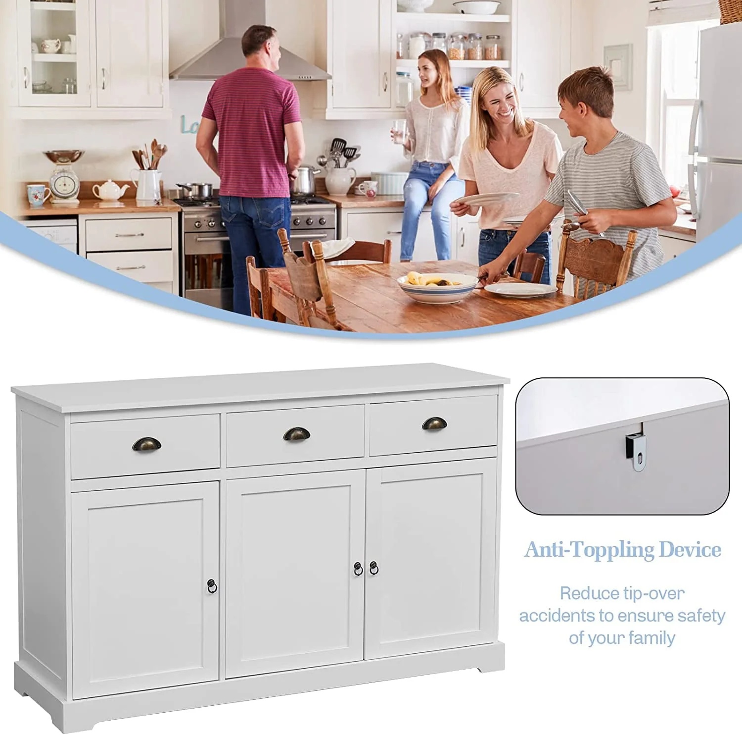 Erinnyees Sideboard Storage Cabinet with 3 Drawers and 3 Cabinets, Buffet Cabinet for Kitchen, Ding Room, Living Room, White - Image 9
