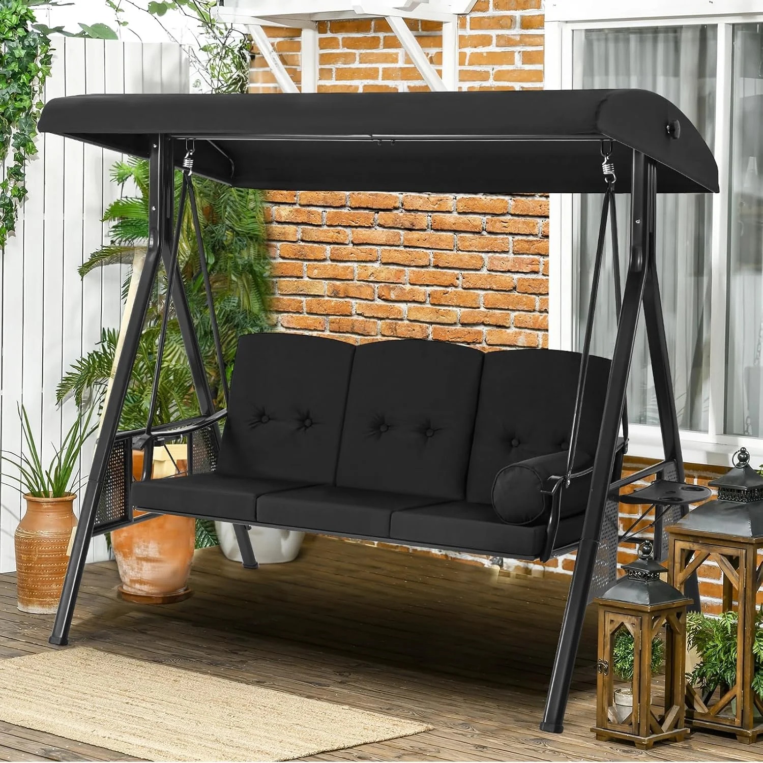 AECOJOY 3 Persons Outdoor Patio Canopy Steel Porch Swing Chair-Beige, Porch Swing - Image 12