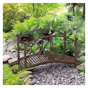 3.3' Metal Garden Bridge, Decorative Classic Footbridge Pond Bridge with Safety Railings for Backyard Garden Creek, Rust Brown