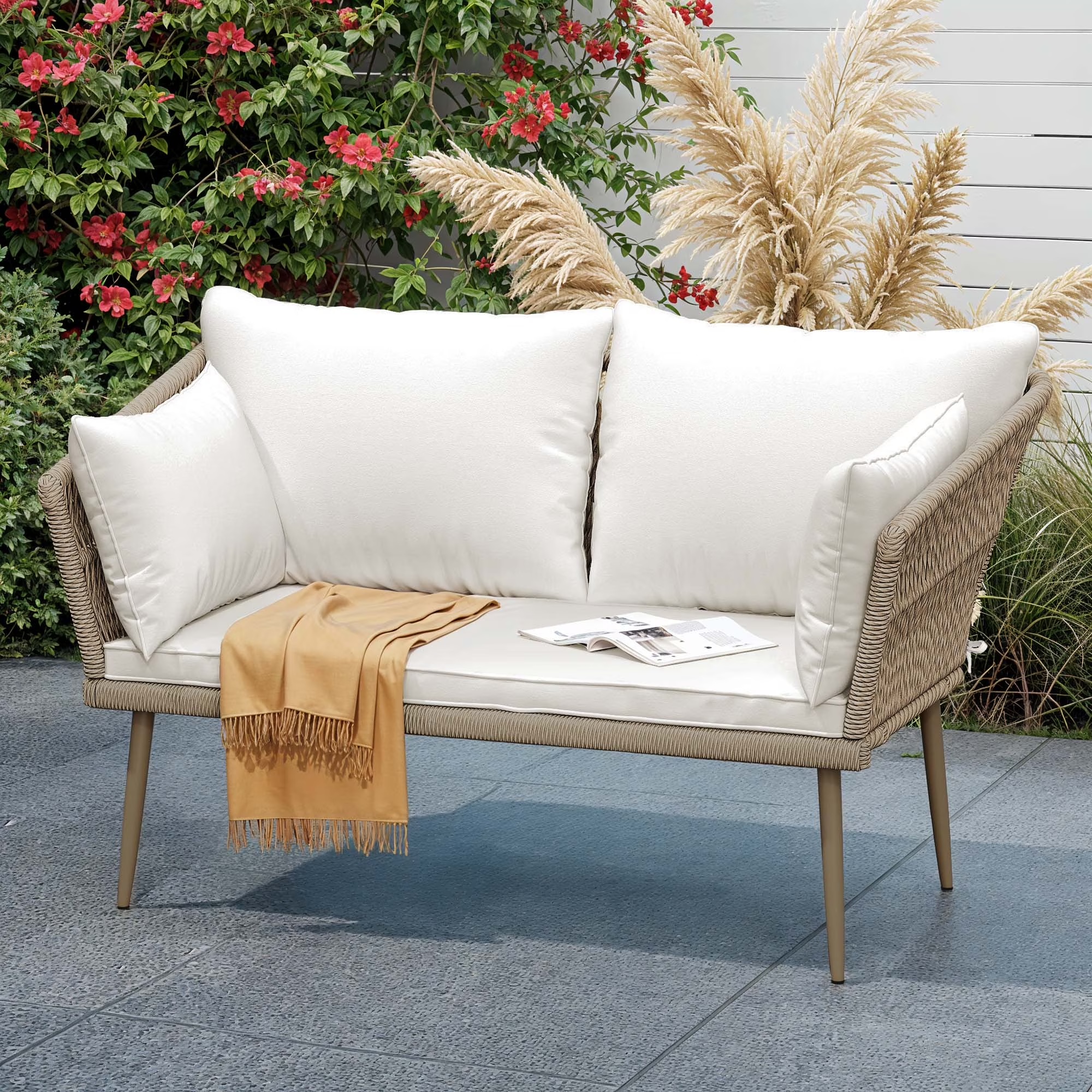 Uforic Outdoor Wicker Loveseat with Cushions and Rattan Side Table, All-Weather 2 Pieces Bistro Patio Conversation Furniture Set -Beige - Image 3