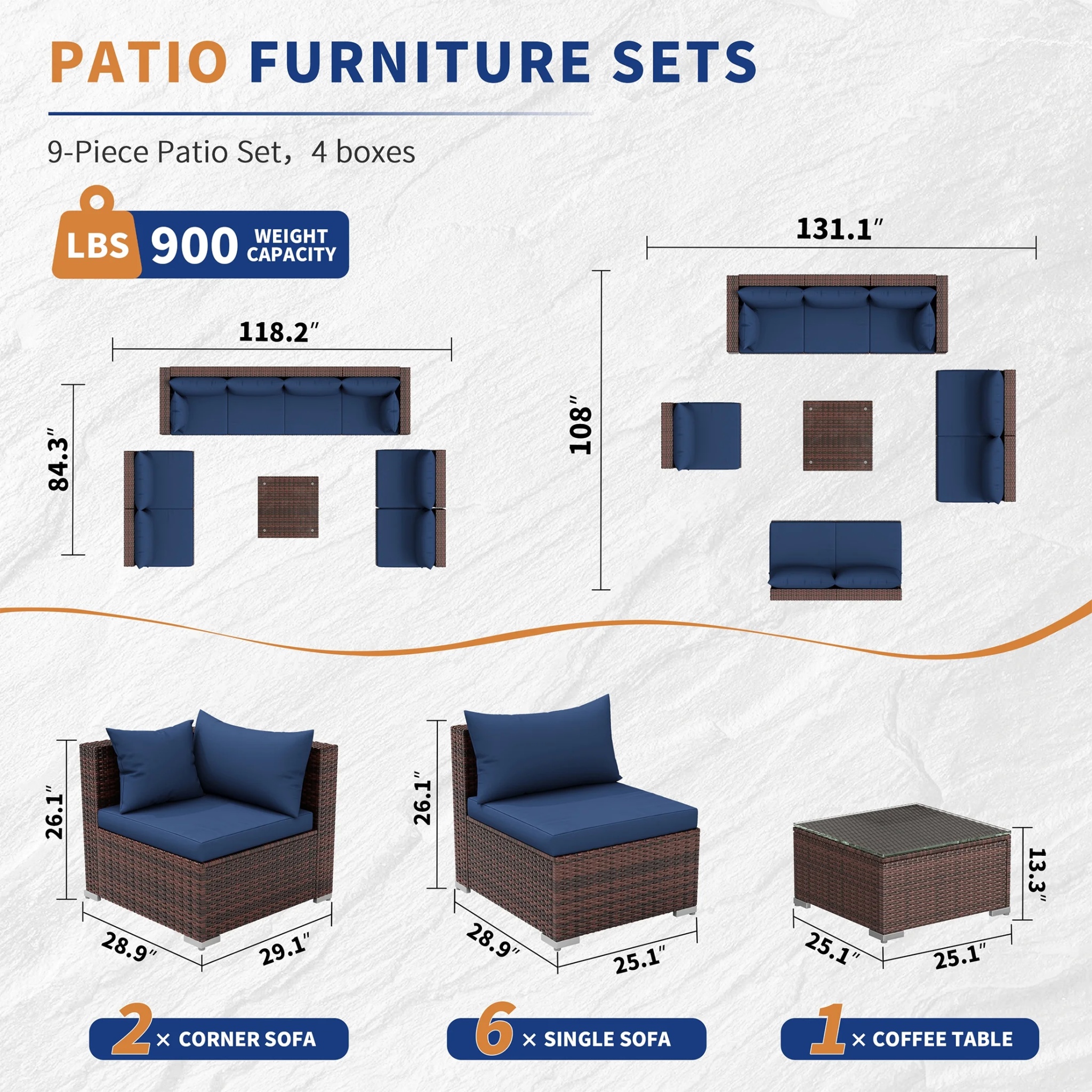 UDPATIO Patio Furniture Sets, Modular Rattan Outdoor Patio Sectional Furniture Sofa Set, Wicker Patio Conversation Set for Backyard,9PCS - Image 7