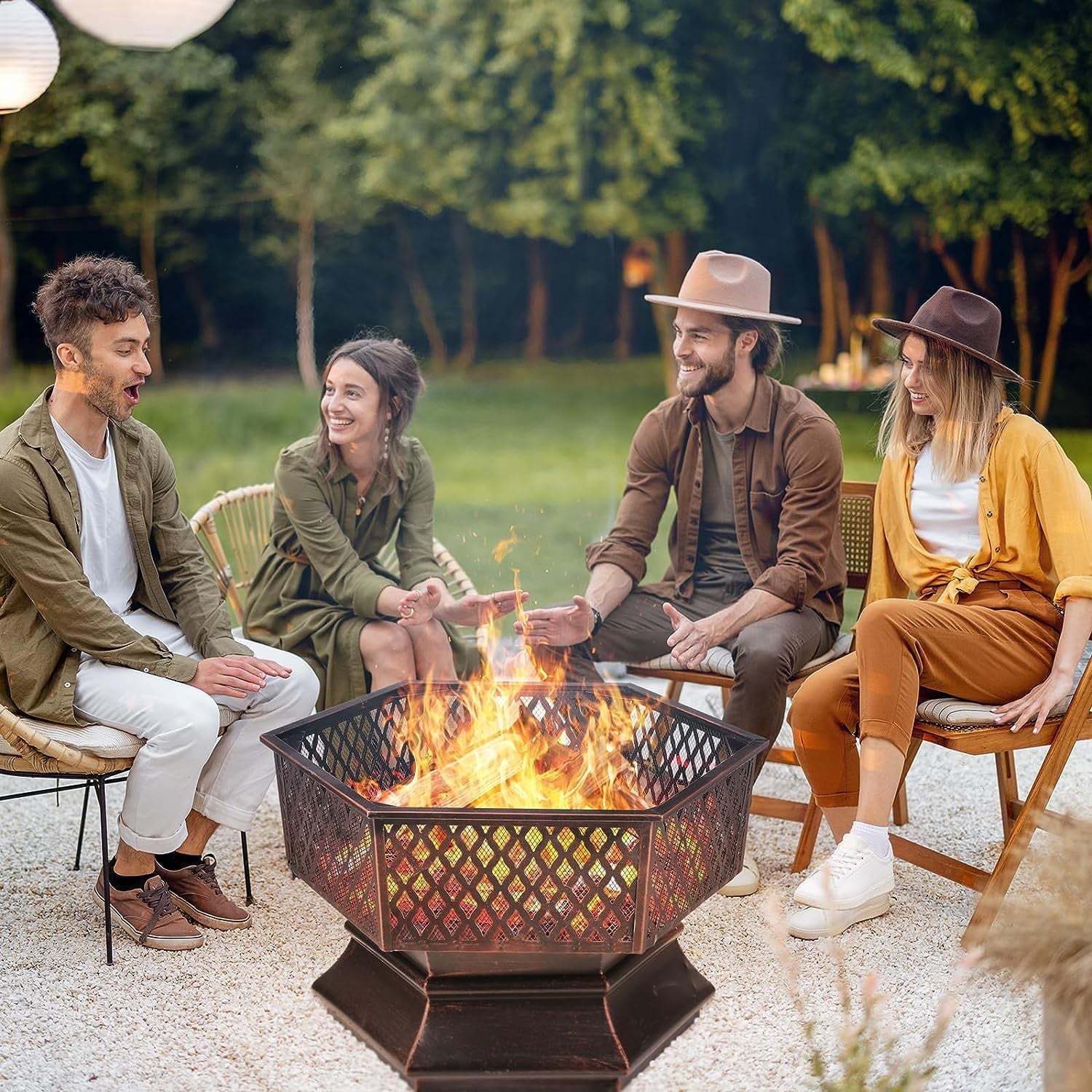 Arlopu 30'' Hex Shaped Steel Fire Pit for Outside, Wood Burning Fireplace Fire Bowl with Spark Screen & Fire Poker for Patio, Backyard, Camping - Image 3