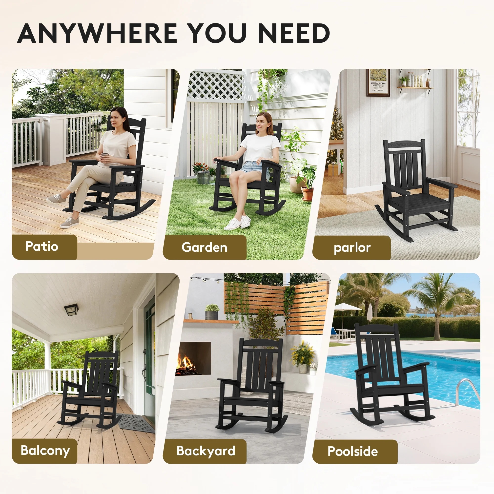 KINGYES HDPE Outdoor Rocking Chairs Set of 2,HDPE Patio Rocker for Porch,Black - Image 10