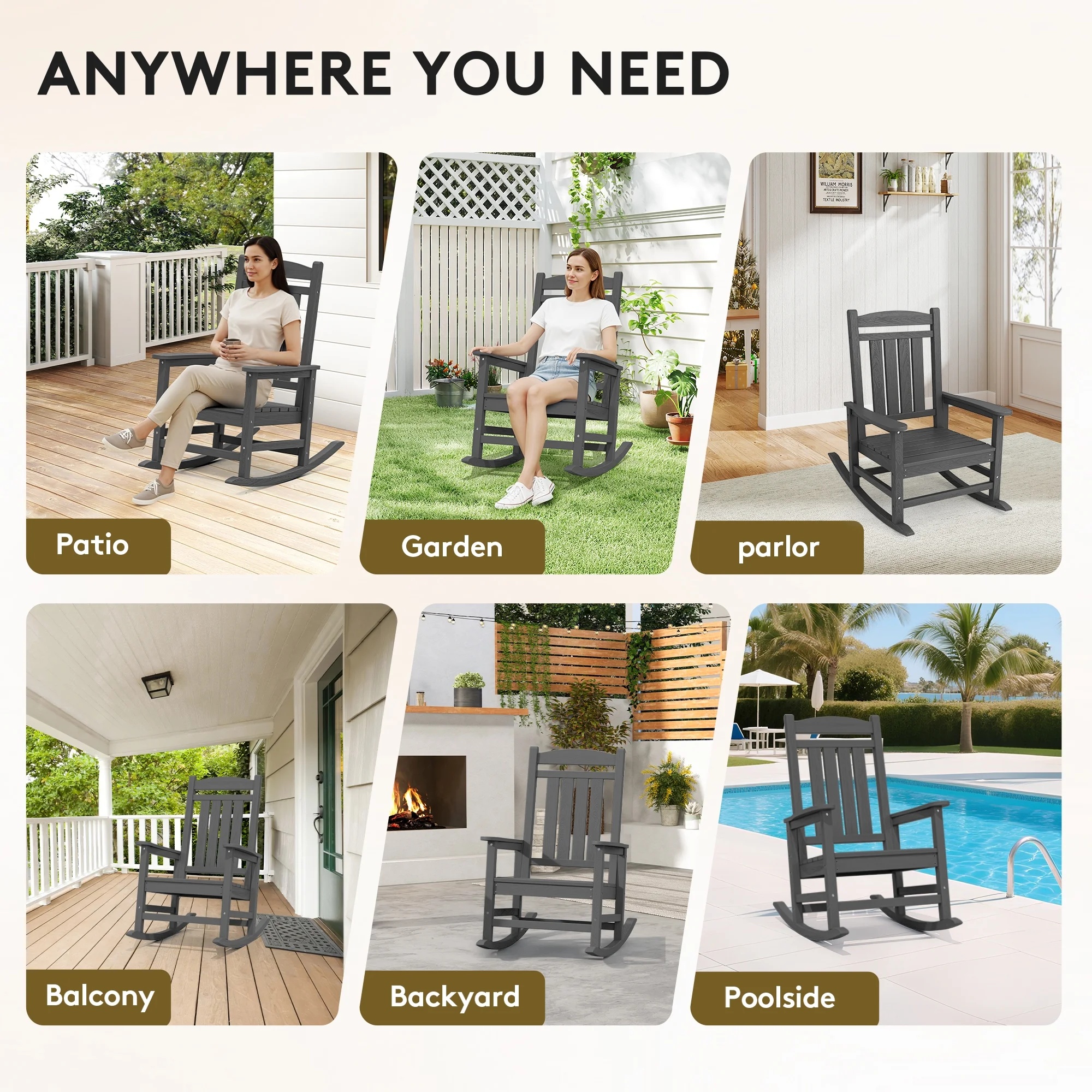 KINGYES HDPE Outdoor Rocking Chairs Set of 2,HDPE Patio Rocker for Porch,Black - Image 42