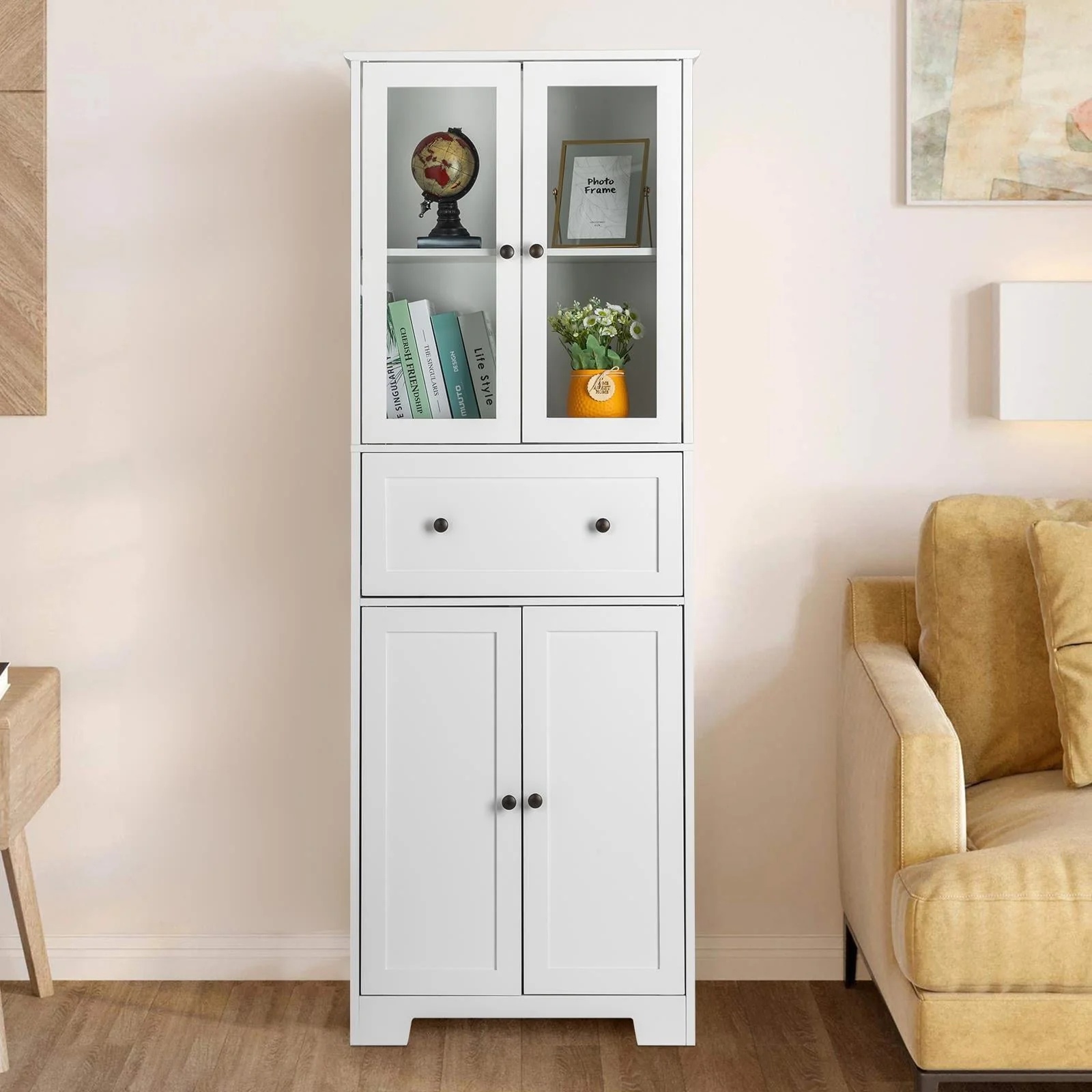 Ktaxon 64" Tall Bathroom Storage Cabinet Organizer, Freestanding Kitchen Pantry Cabinet Line Tower with 2 Glass Doors, Large Drawer & 4 Adjustable Shelves for Dining Room Living Room Home Office,White - Image 10