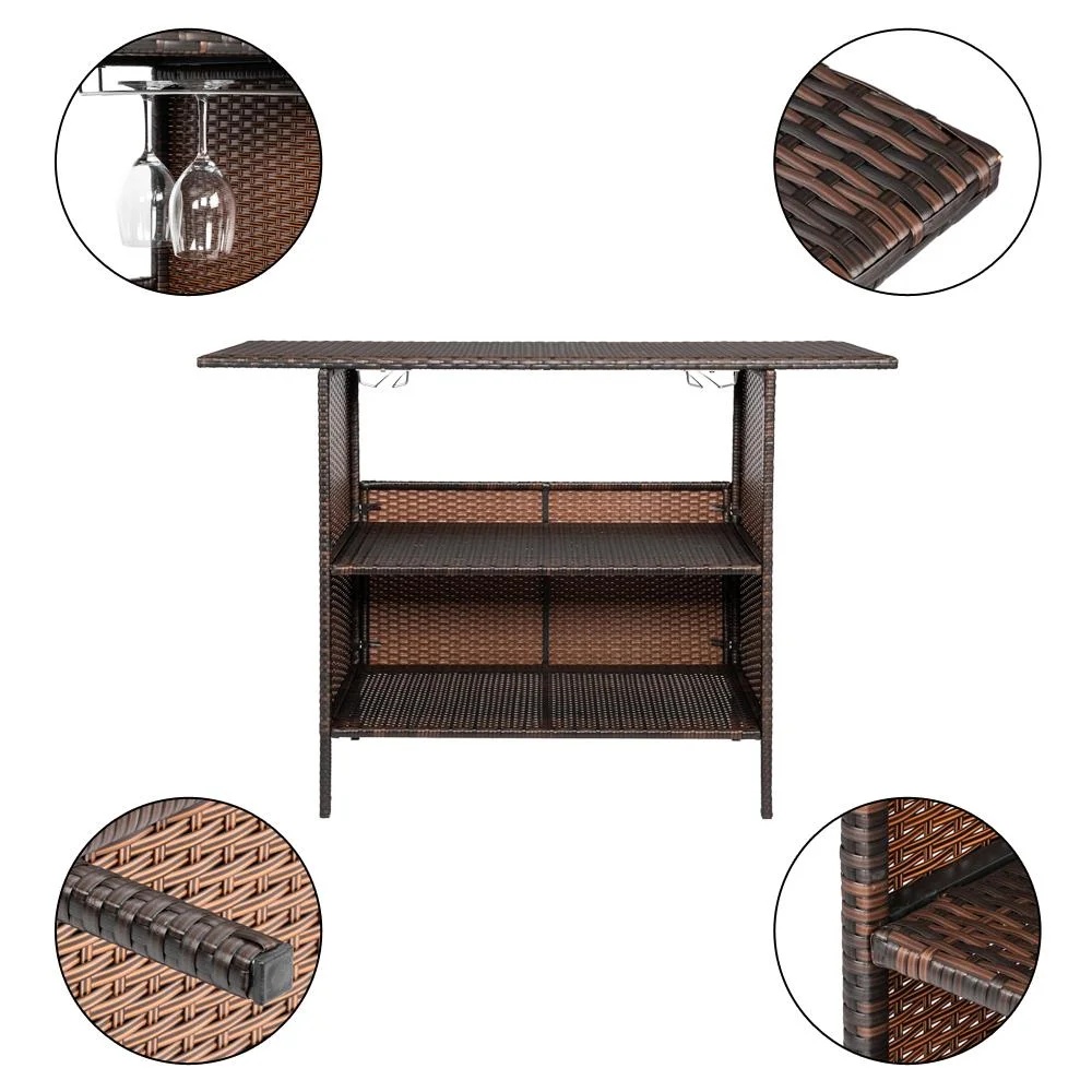 Zimtown Outdoor Wicker Bar Table with 2 Steel Shelves Brown, Patio Bar Table for Storage Function with 2 Tiers - Image 6