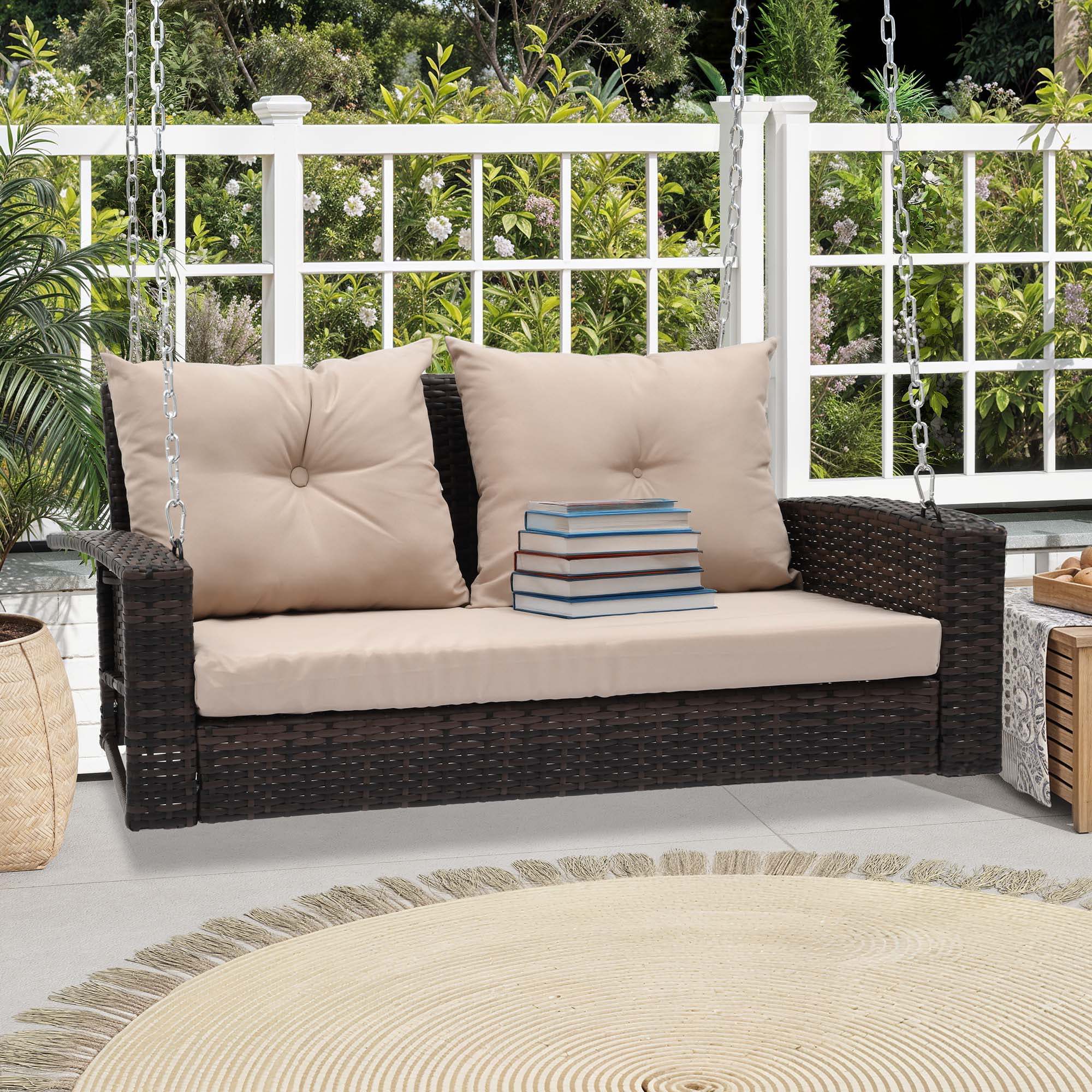Dextrus 2-Seats Wicker Hanging Porch Swing Chair Outdoor Black Rattan Patio Swing Lounge w/ 2 Back Cushions Capacity 770lbs for Garden, Balcony, Living Room, Beige - Image 2