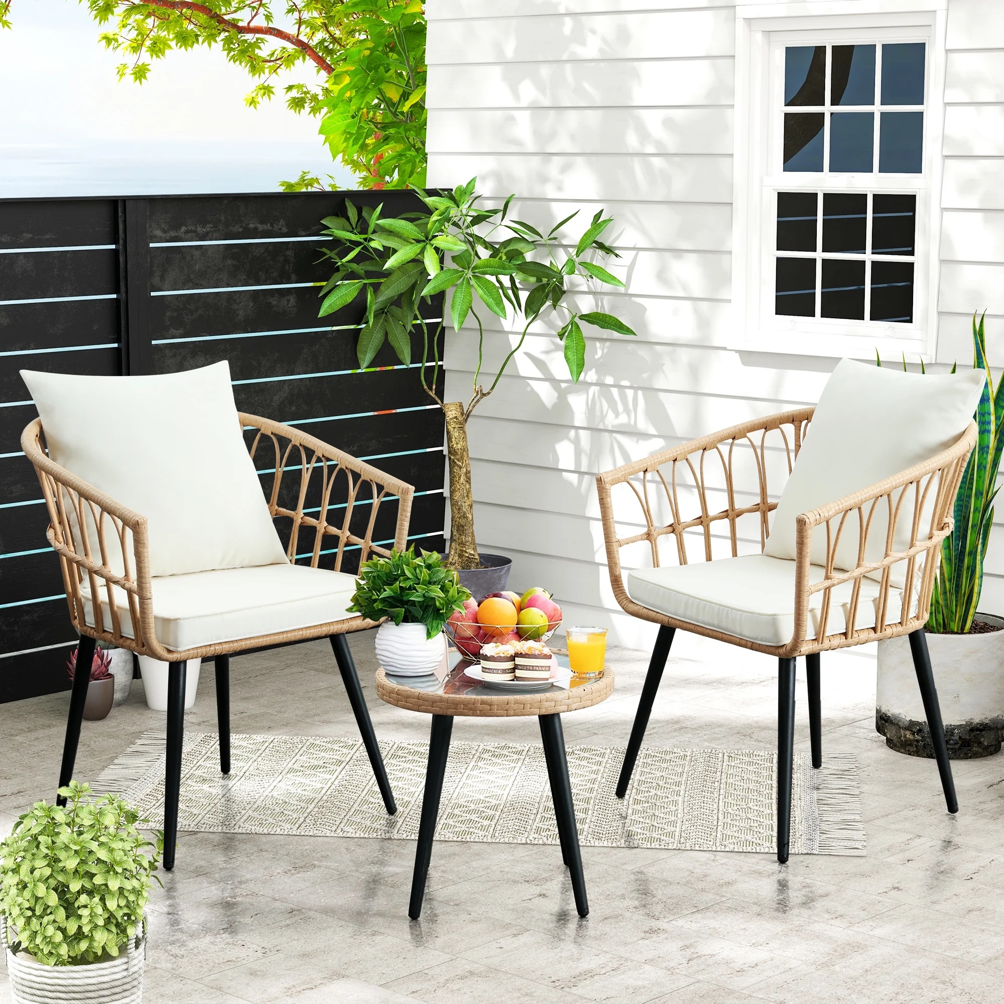 FHFO 3 Piece Patio Bistro Set, Outdoor Wicker Apartment Balcony Furniture Sets, Rattan Table and Chairs Set of 2 for Porch Backyard Lawn Poolside Deck, Beige - Image 9