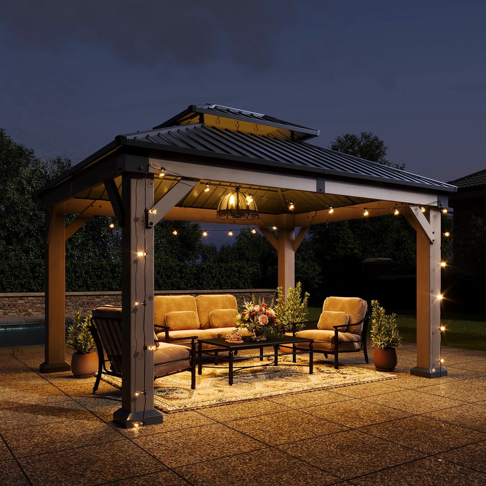 Aoxun 12' x 16' Outdoor Wood Gazebo, Hardtop Gazebo Permanent Wooden Pavilion with Galvanized Steel Double Roof, for Patio, Garden, Backyard, Cedar Wood - Image 30
