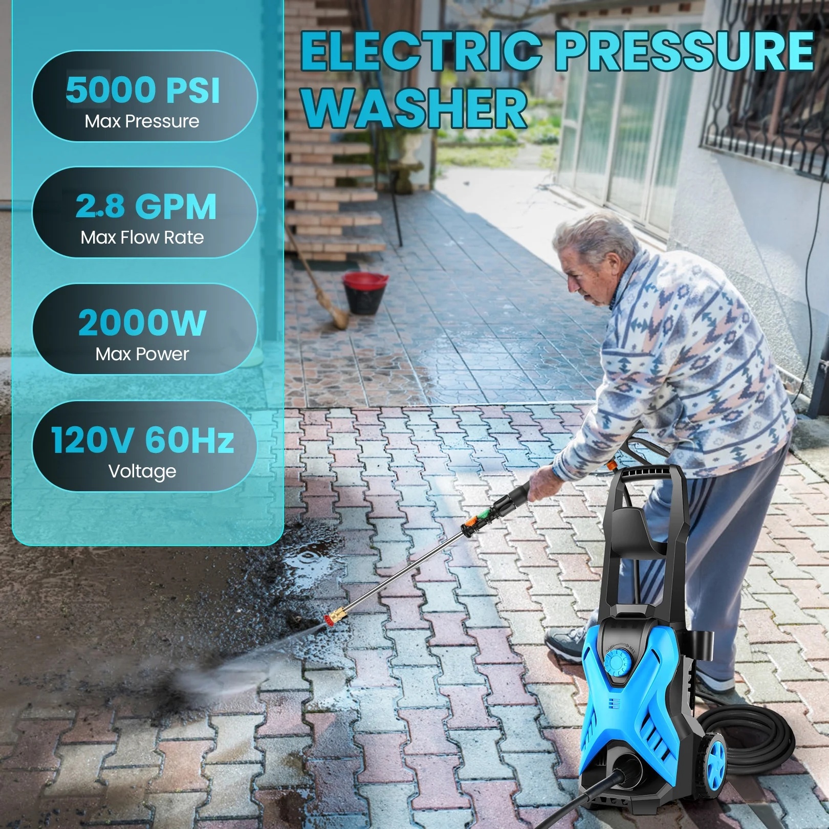 5000 PSI Electric Pressure Washer, 2.8 GPM Power Washer with 33FT Extension Hose, Pressure Adjustable (2500PSI-5000PSI), 4 Quick Connect Nozzles and Foam Cannon for Car/Fence/Driveway/Patio(Blue) - Image 4
