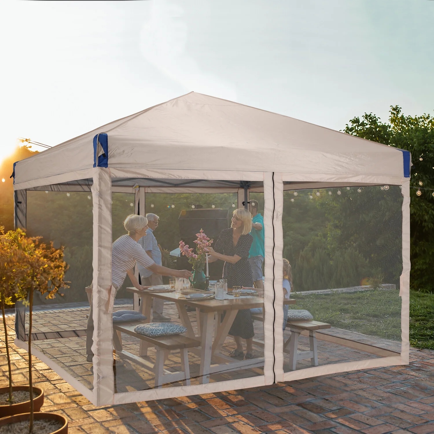 YUONAO 10x10 ft Pop Up Canopy Tent with Mesh Sidewalls, Portable Outdoor Shade Tent, Waterproof UV-Resistant Folding Gazebo for Backyard, Patio, Camping, Party(Beige) - Image 7