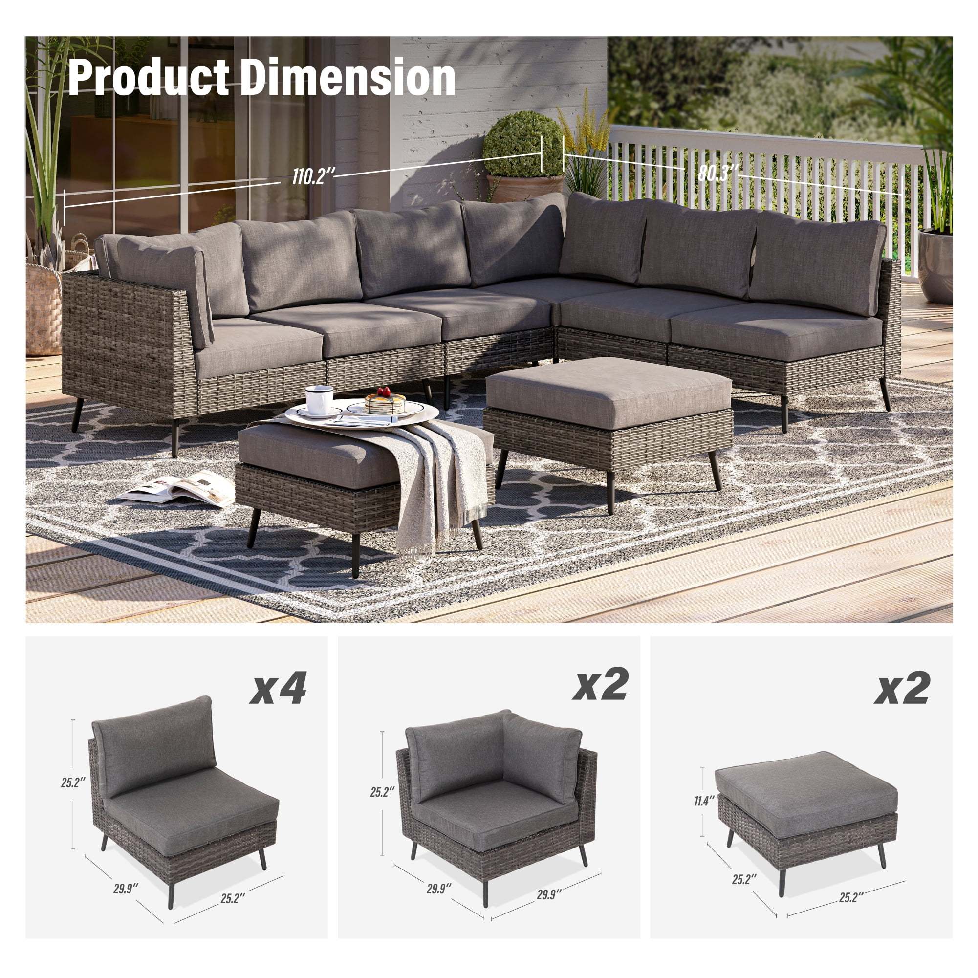 LAUSAINT HOME 6 Pieces Outdoor Furniture Set, Patio Rattan Wicker Sectionals with 4 Chairs and 2 Ottomans, Beige Cushions - Image 22