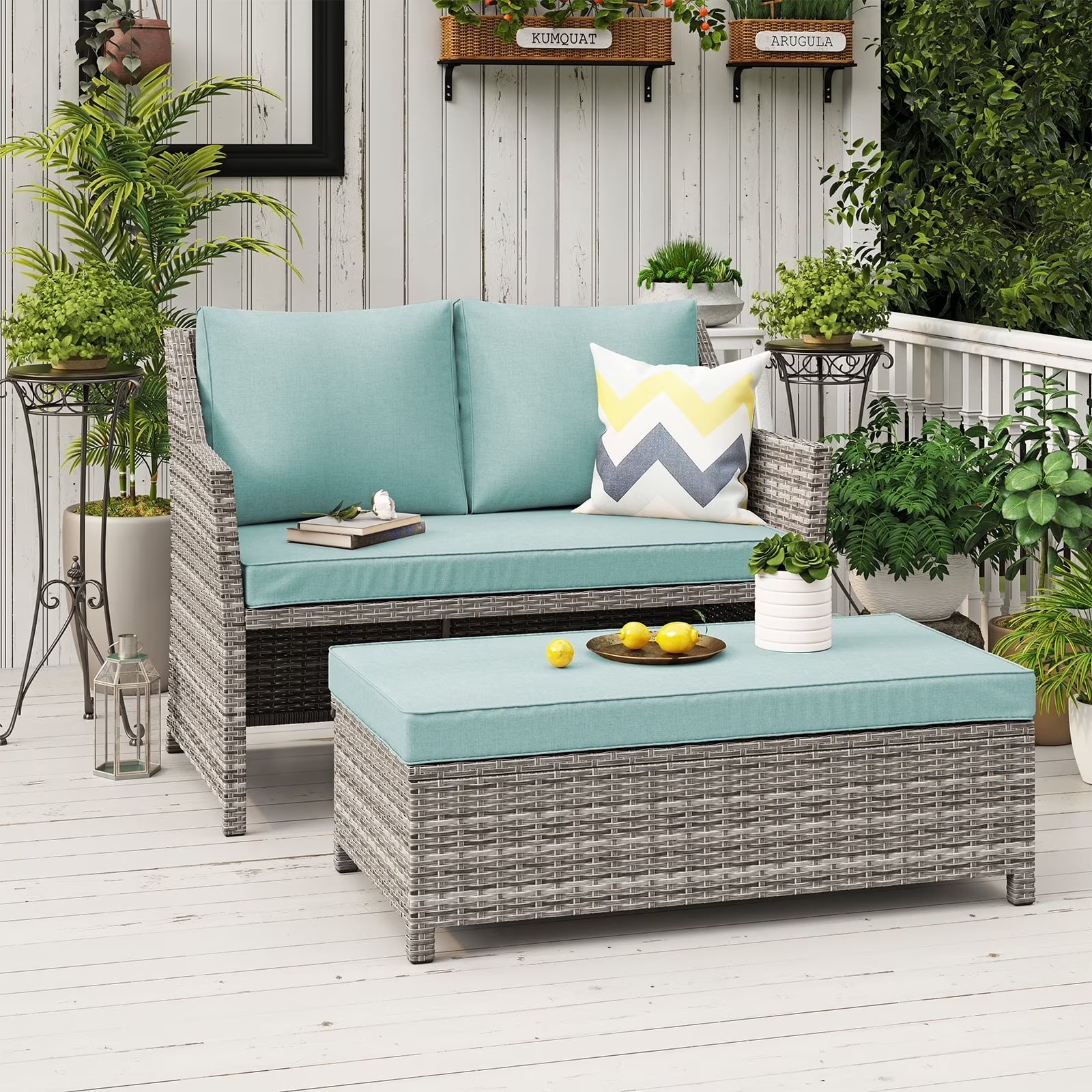 Outdoor Wicker Love Seat and Coffee Table Set, Weather Resistant Grey Rattan, Patio Furniture with Gray Cushions & Storage Bin - Image 7