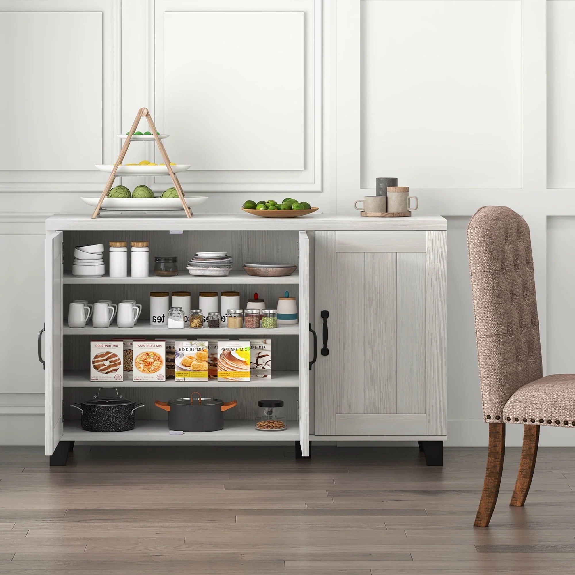 Costway 3-Door Buffet Sideboard Storage Credenza Cabinet Console Adjustable Shelf White Wash - Image 7
