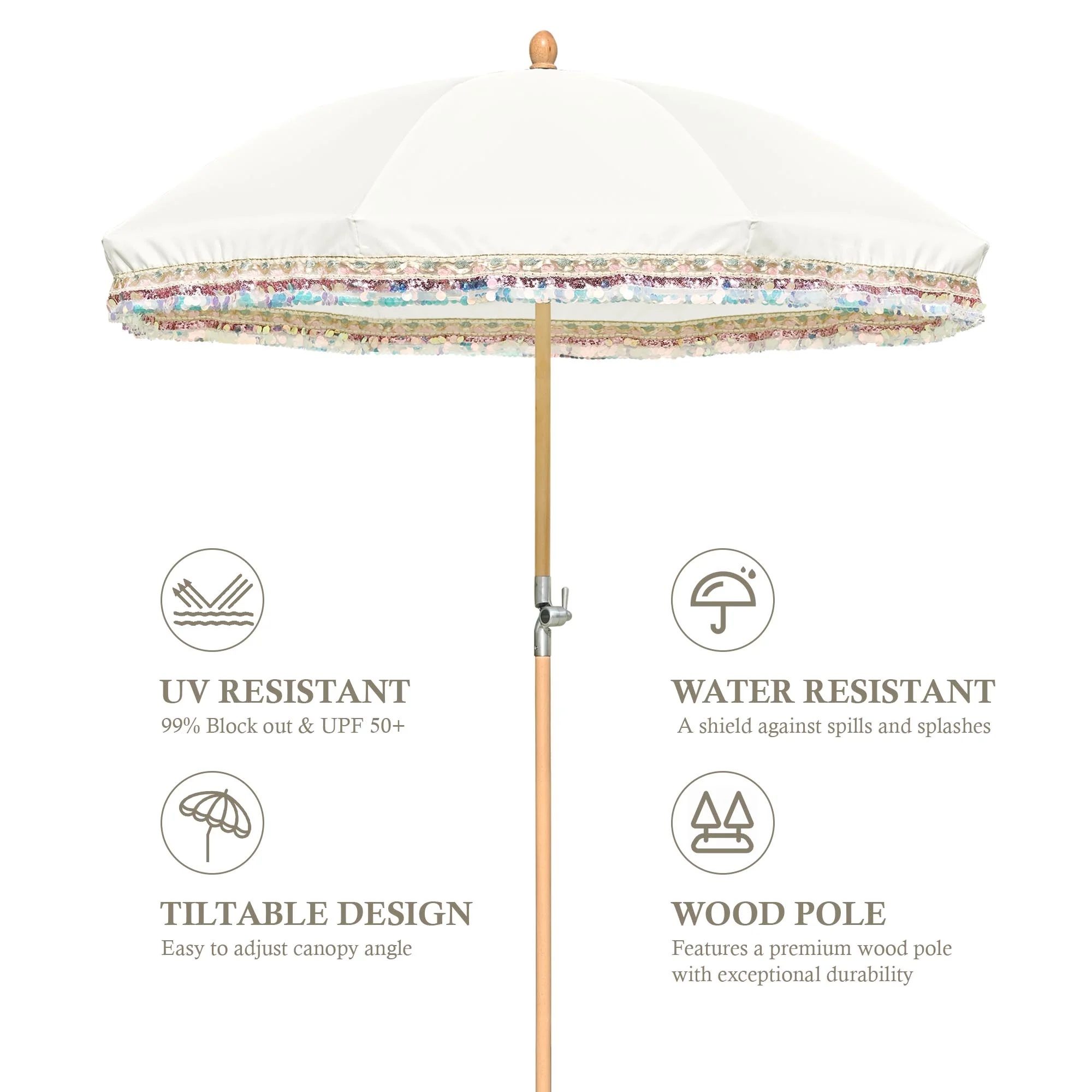 LAGarden 6 Ft Fringe Patio Umbrella with Tassel Jazz Age Wood UPF50+ for Outdoor, Beige with gold tassel,Model: JZ6-01 - Image 25