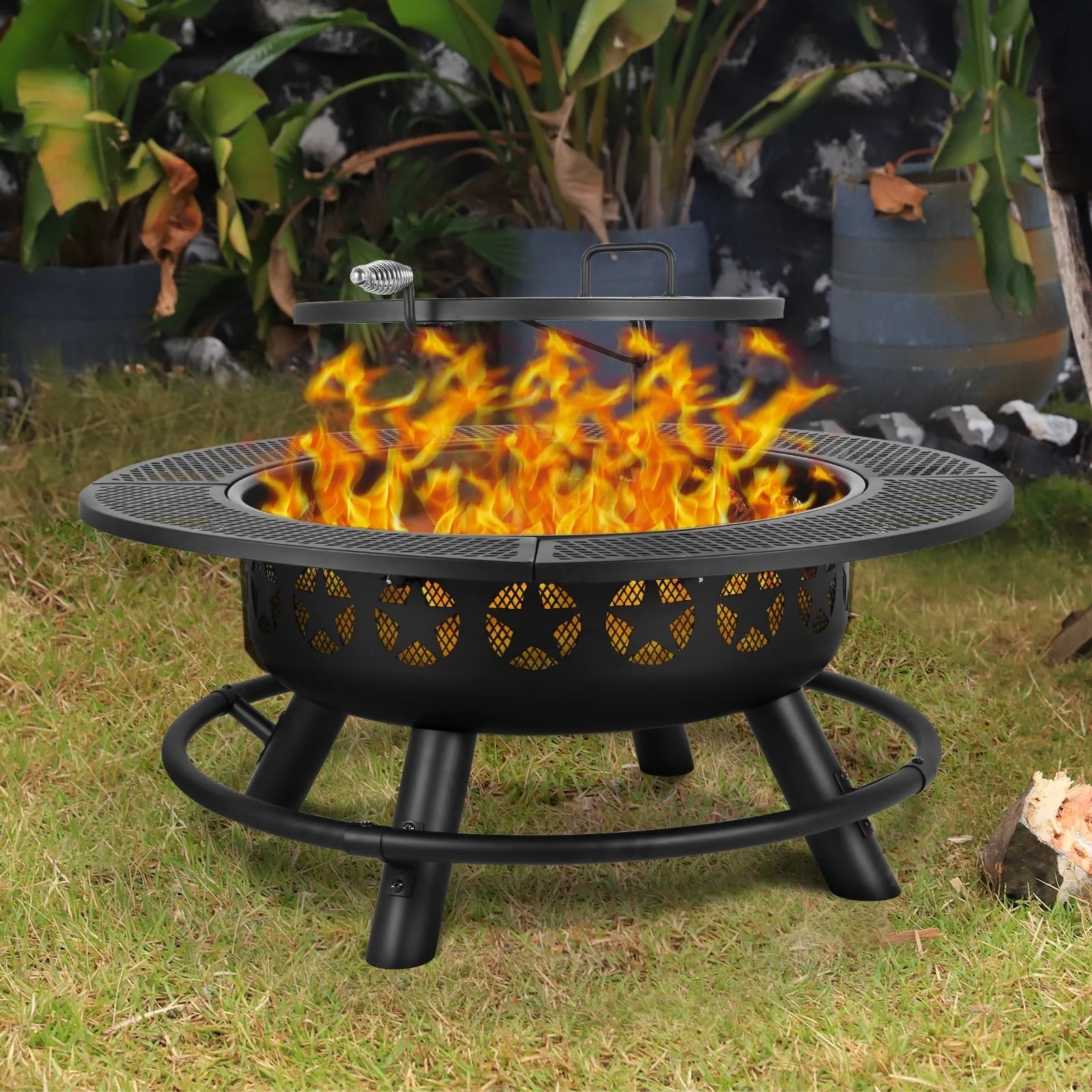 Hykolity 35 Inch Fire Pit with Cooking Grate & Charcoal Pan, Outdoor Wood Burning BBQ Grill Firepit Bowl with Cover Lid, Steel Round Table for Backyard Bonfire Patio Picnic - Image 7