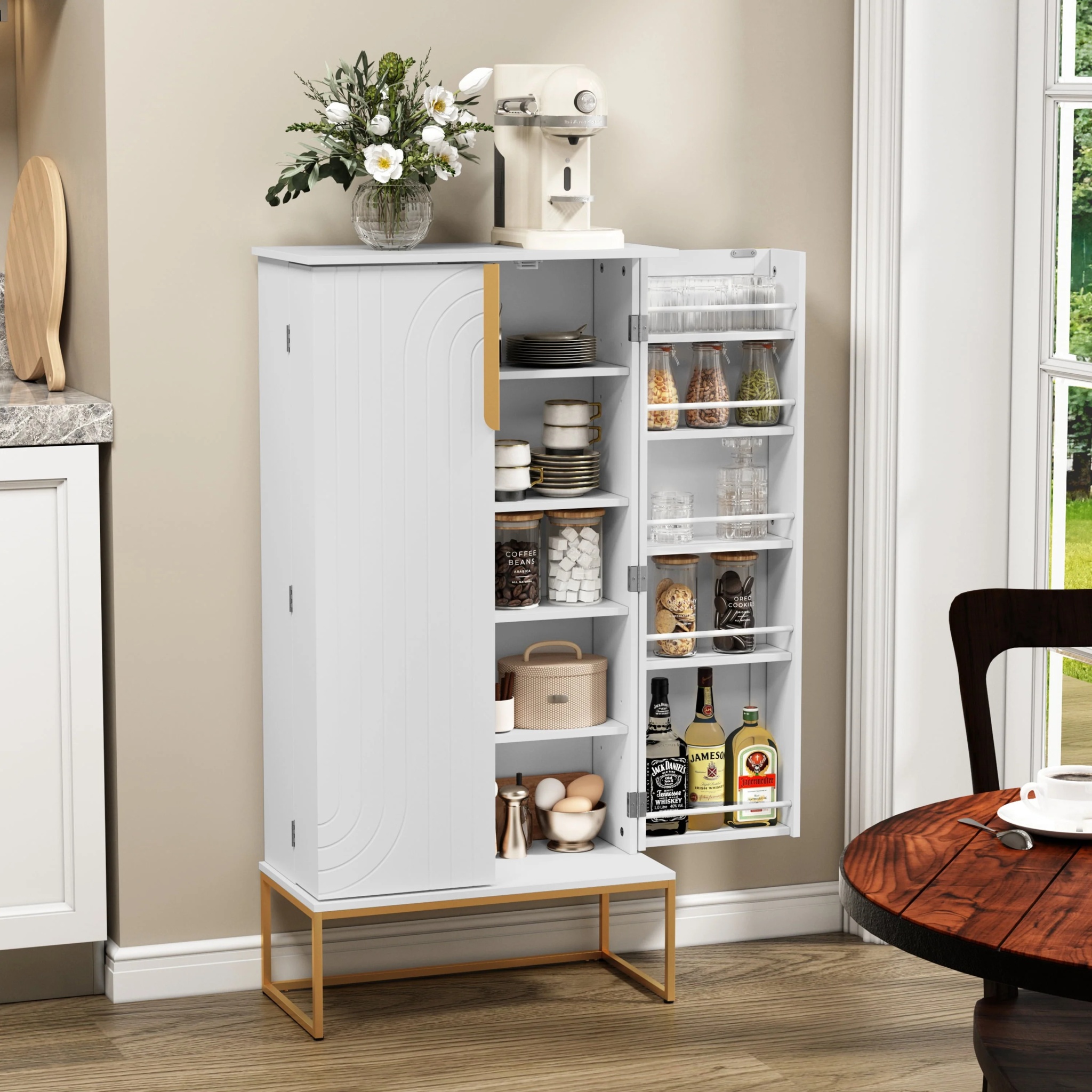 HLR 46 inches White Pantry Cabinets, Kitchen Pantry with Doors and Shelves for Kitchen, White Pantry Storage Cabinet with Black Metal Base for Living Room and Dining Room - Image 3