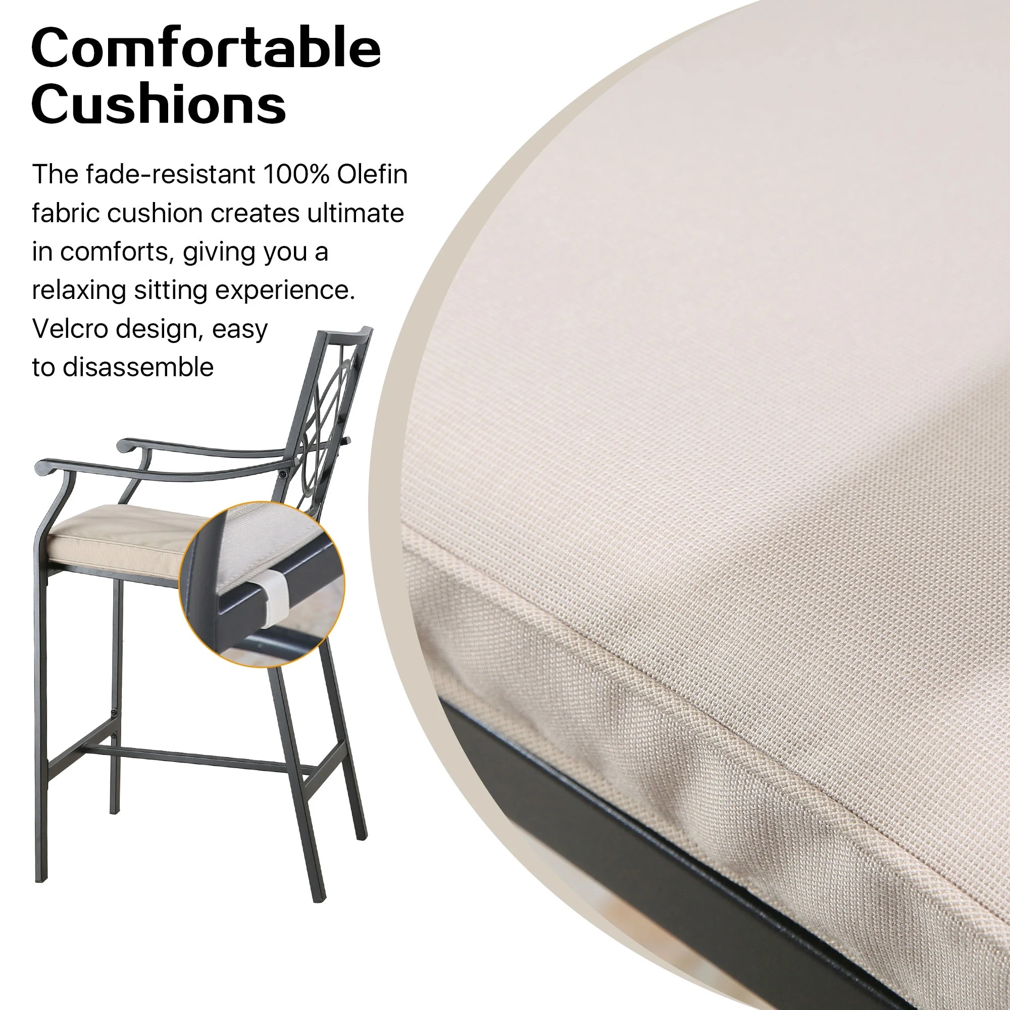 Ulax Furniture Outdoor Bar Stools Metal Patio Counter Height Bar Stool Chairs with Beige Cushion, Set of 2 - Image 4
