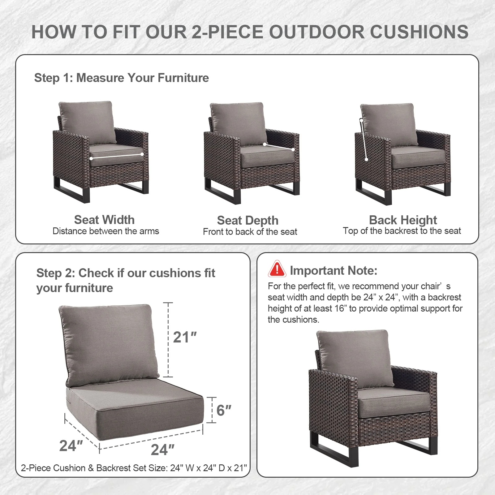 Terraloom 6 Inch Outdoor Cushions 24x24" - Water Resistant 2 Set Deep Seating Patio Chair Back&Seat Cushion for Wicker Rocking Swivel Chairs Loveseat Couch Sectional Sofa in Beige - Image 43