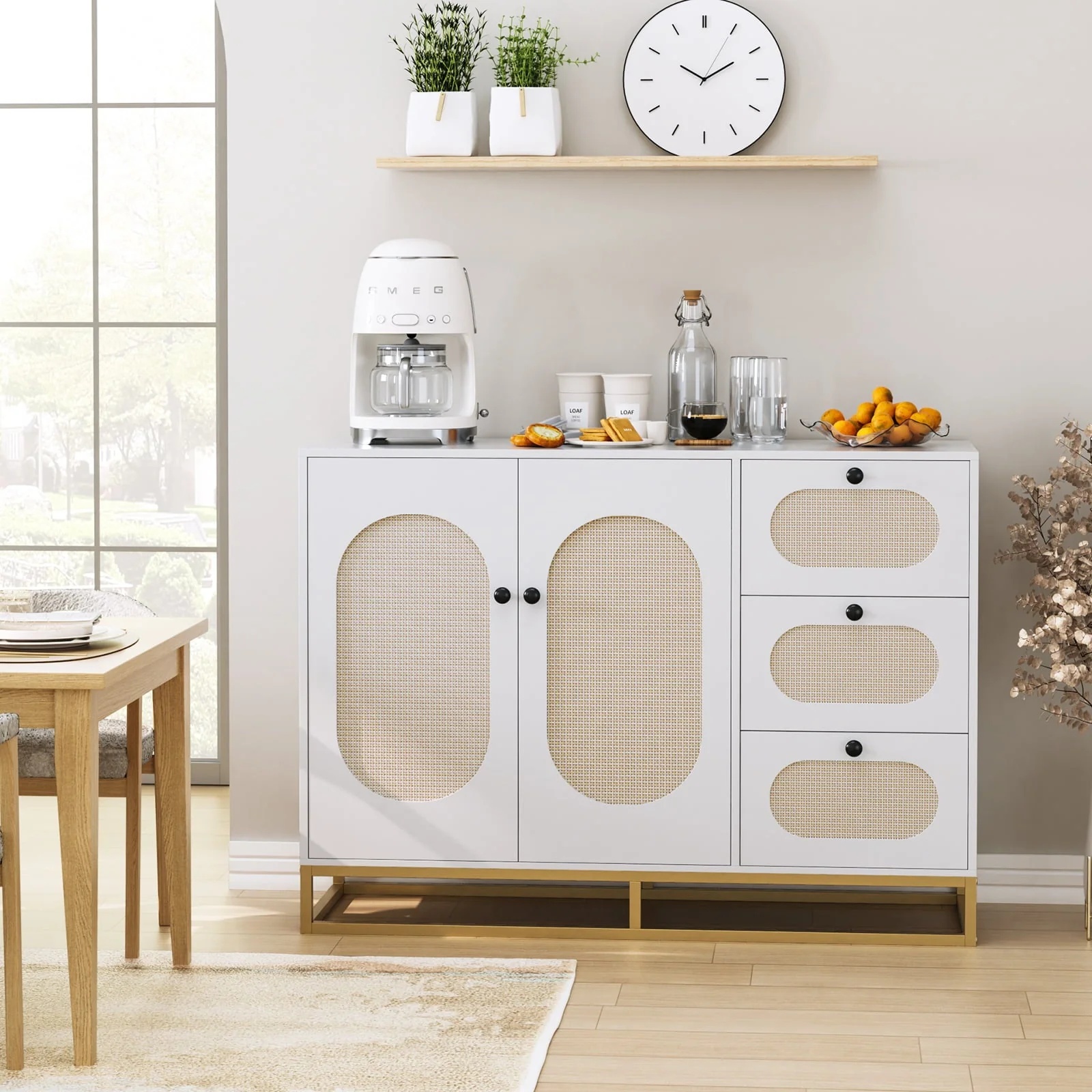 Homfa 3 Drawers Accent Storage Cabinet, 34.2"H Gold Buffet Sideboard with Rattan Doors for Living Room, White - Image 5