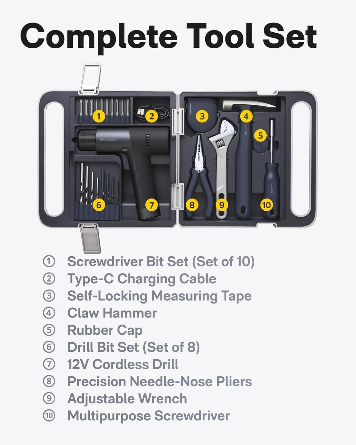 HOTO Cordless Brushless Drill Tool Set, Variable Speed, Hidden Buckle, LED Screen, Intelligent Digital Display, Safe, Exquisite & Practical, High-end Drill Kit for Home/Daily Use - Image 11