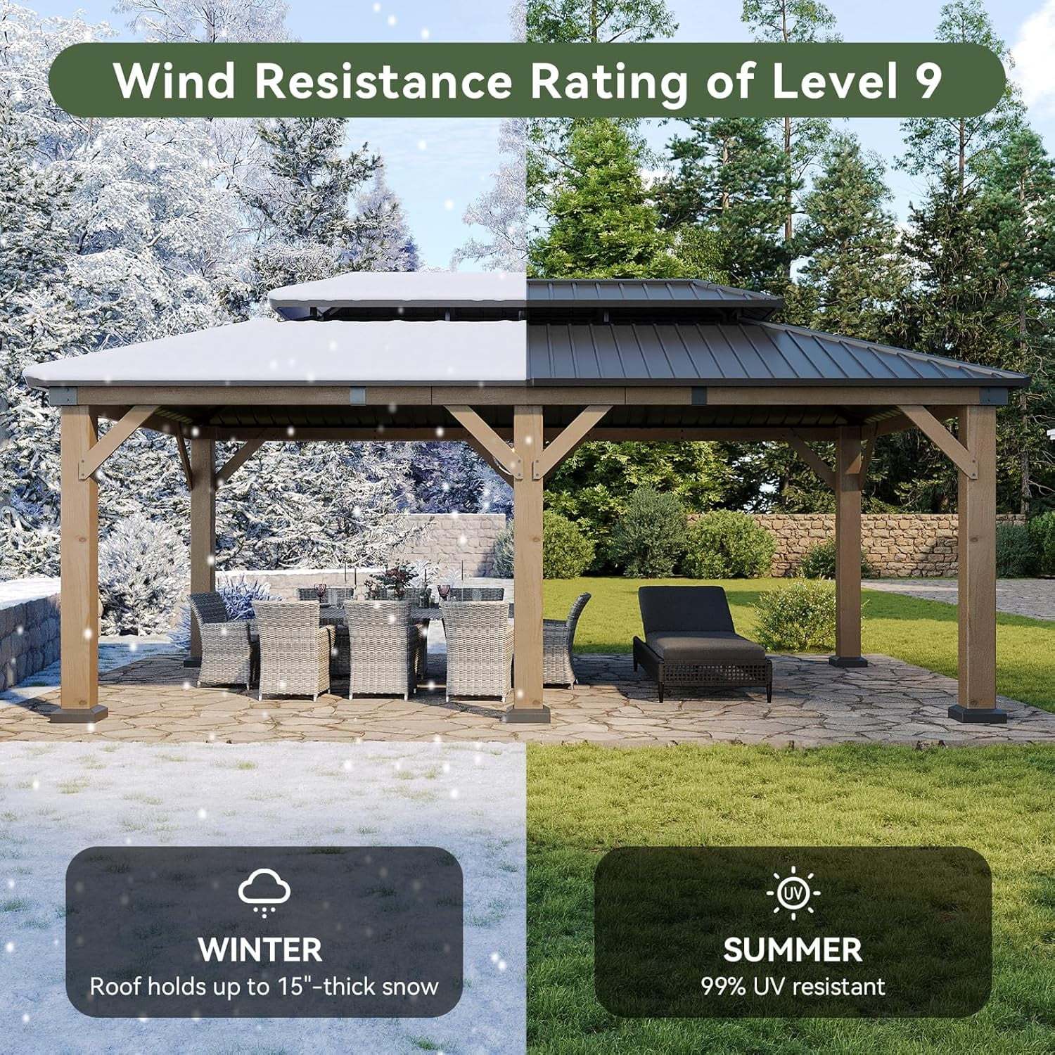 Aoxun 12' x 16' Outdoor Wood Gazebo, Hardtop Gazebo Permanent Wooden Pavilion with Galvanized Steel Double Roof, for Patio, Garden, Backyard, Cedar Wood - Image 15