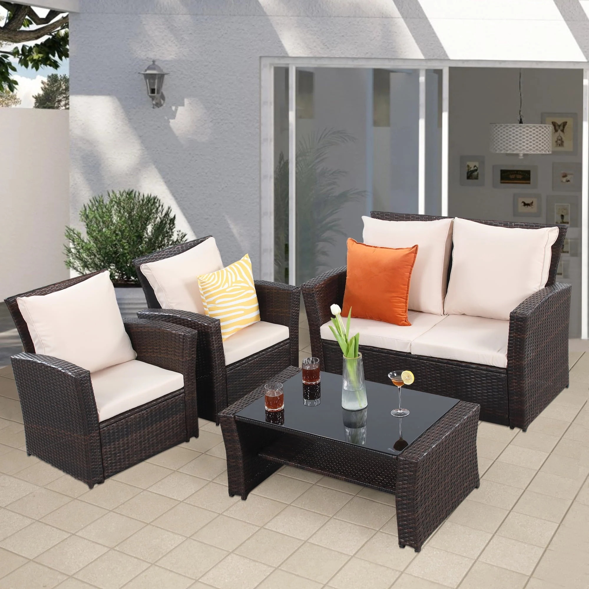 Superjoe 4 Pcs Outdoor Patio Furniture Sets, Wicker Rattan Conversation Set with Coffee table, Brown - Image 3