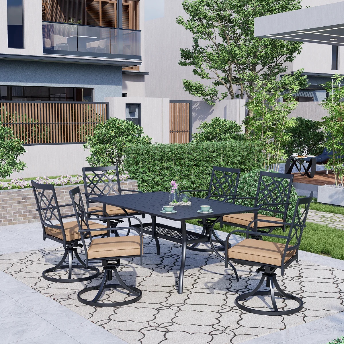 SUNCROWN 7-Piece Outdoor Wrought Iron Chairs and Table Patio Dining Furniture Set - 6 Stackable Metal Chairs, 1 Steel Slat Bistro Table and 1 Brown 9Ft Patio Umbrella for Garden Backyard Deck - Image 70