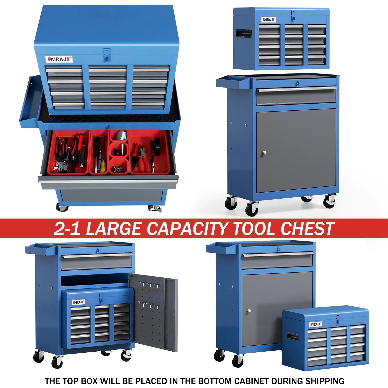 AIRAJ 7-Drawer 40 inch Large Rolling Tool Chest with Wheels | Detachable Top Metal Tool Box | Heavy Duty Toolbox Organizer with Hooks,Liners,Tray Divider - Image 3