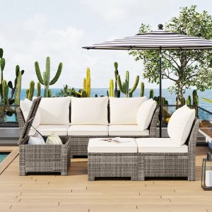 Euroco 6-Piece Outdoor Sofa Set with Storage Box, PE Wicker Seating Set for 5, Beige