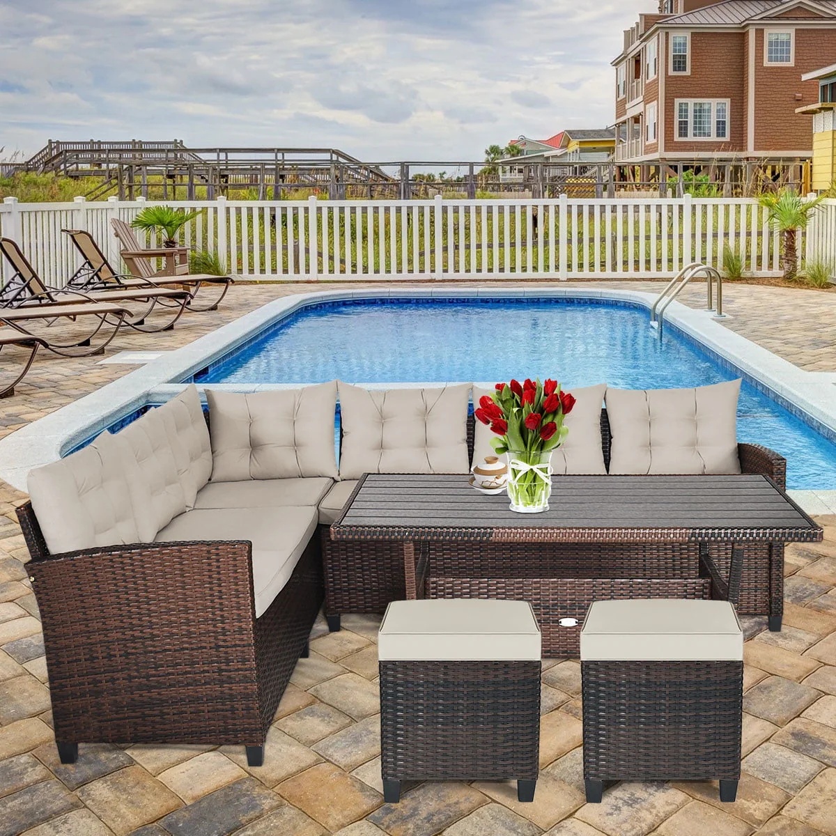 Gymax Set of 2 Patio Rattan Ottoman Footrest Garden Outdoor w/ Brown Cushion - Image 3