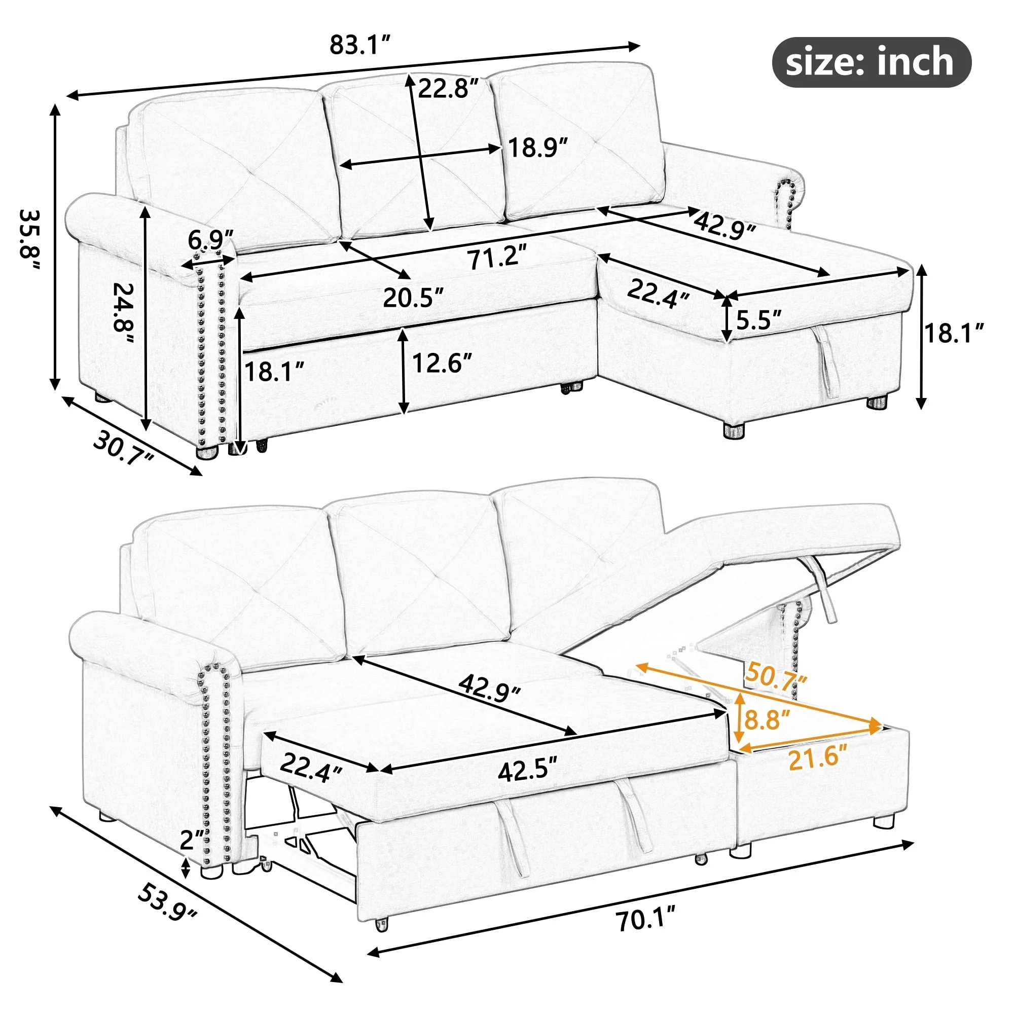 Euroco 83" L Shaped Sofa Bed Modern Convertible Sleeper Sofa Bed with Storage Chaise, Gray - Image 5