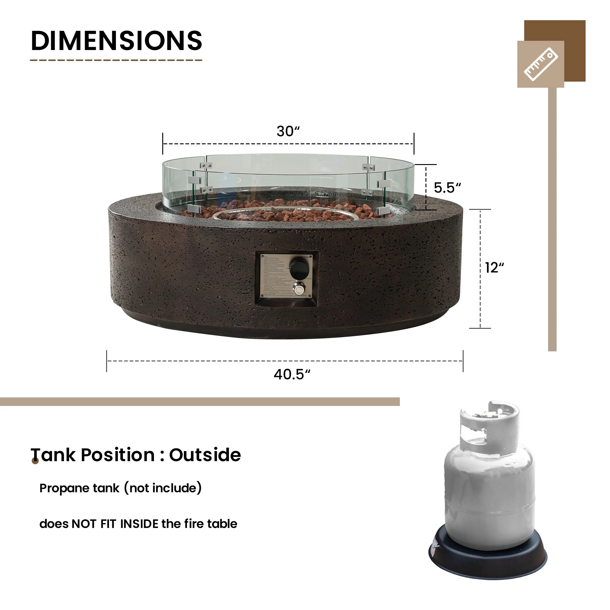 VENTOPYR 40.5-inch Outdoor Propane Fire Pit Coffee Table w Concrete Round Base Patio Heater, 50,000 BTU Stainless Steel Burner, Free Lava Rocks, Wind Guard, Rain Cover - Image 2