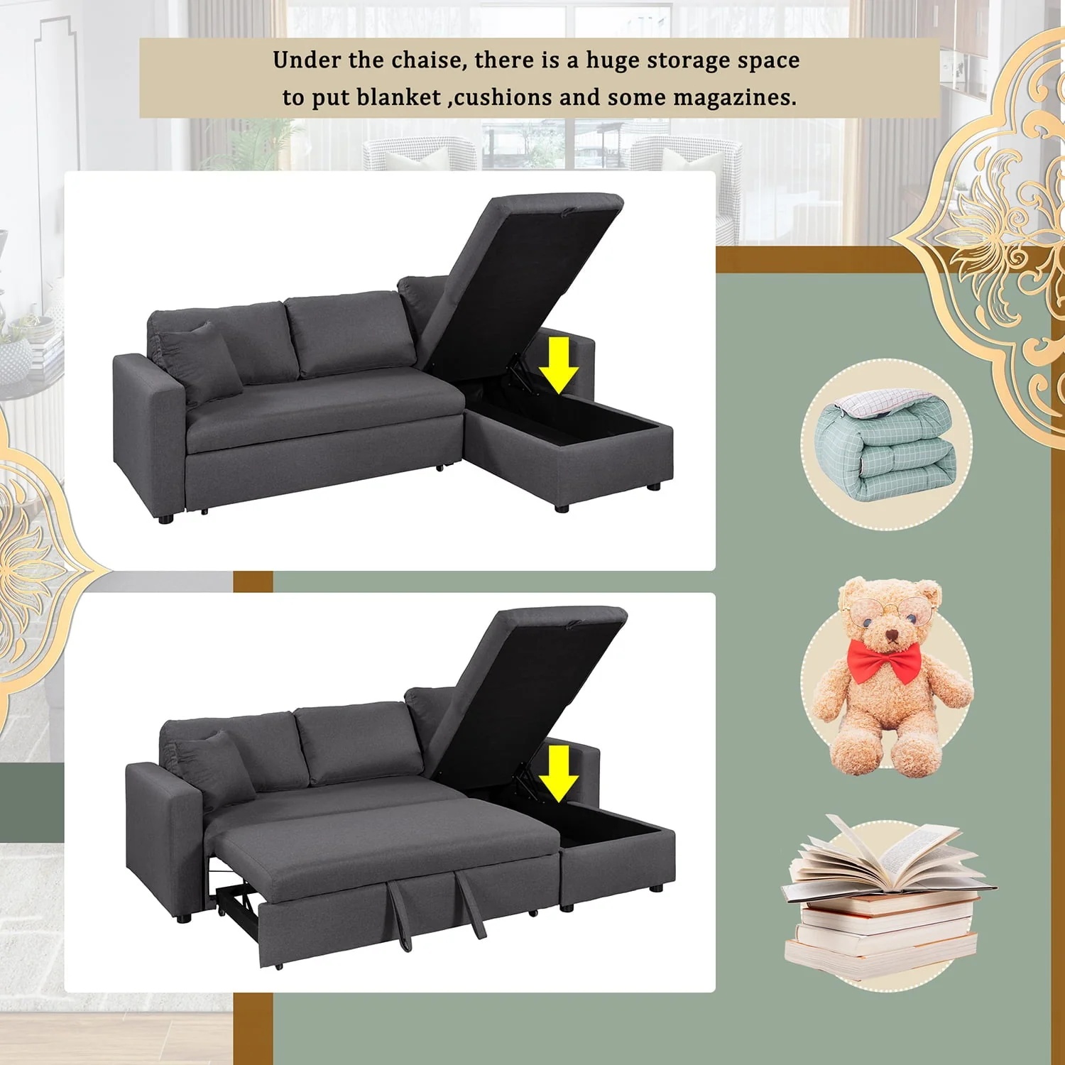 Churanty Upholstery Sleeper Sectional Sofa Pull Out Bed with Storage Chaise,Gray - Image 9