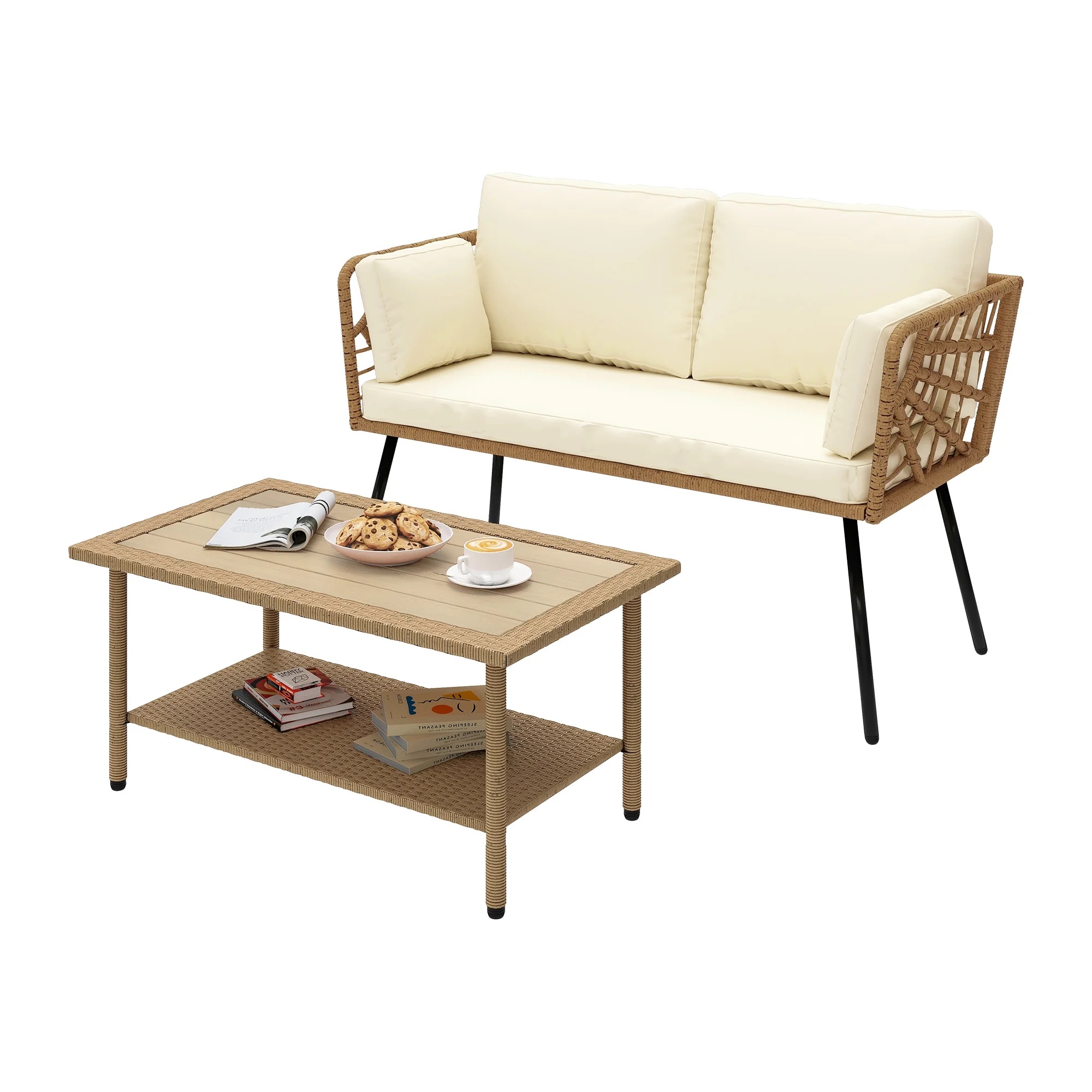 Uforic Outdoor Wicker Loveseat with Cushions and Rattan Side Table, All-Weather 2 Pieces Bistro Patio Conversation Furniture Set -Beige - Image 4