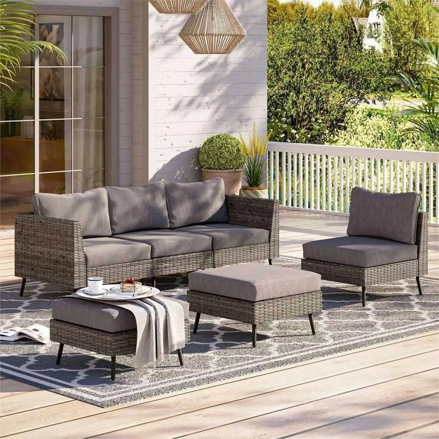 LAUSAINT HOME 6 Pieces Outdoor Furniture Set, Patio Rattan Wicker Sectionals with 4 Chairs and 2 Ottomans, Beige Cushions - Image 25
