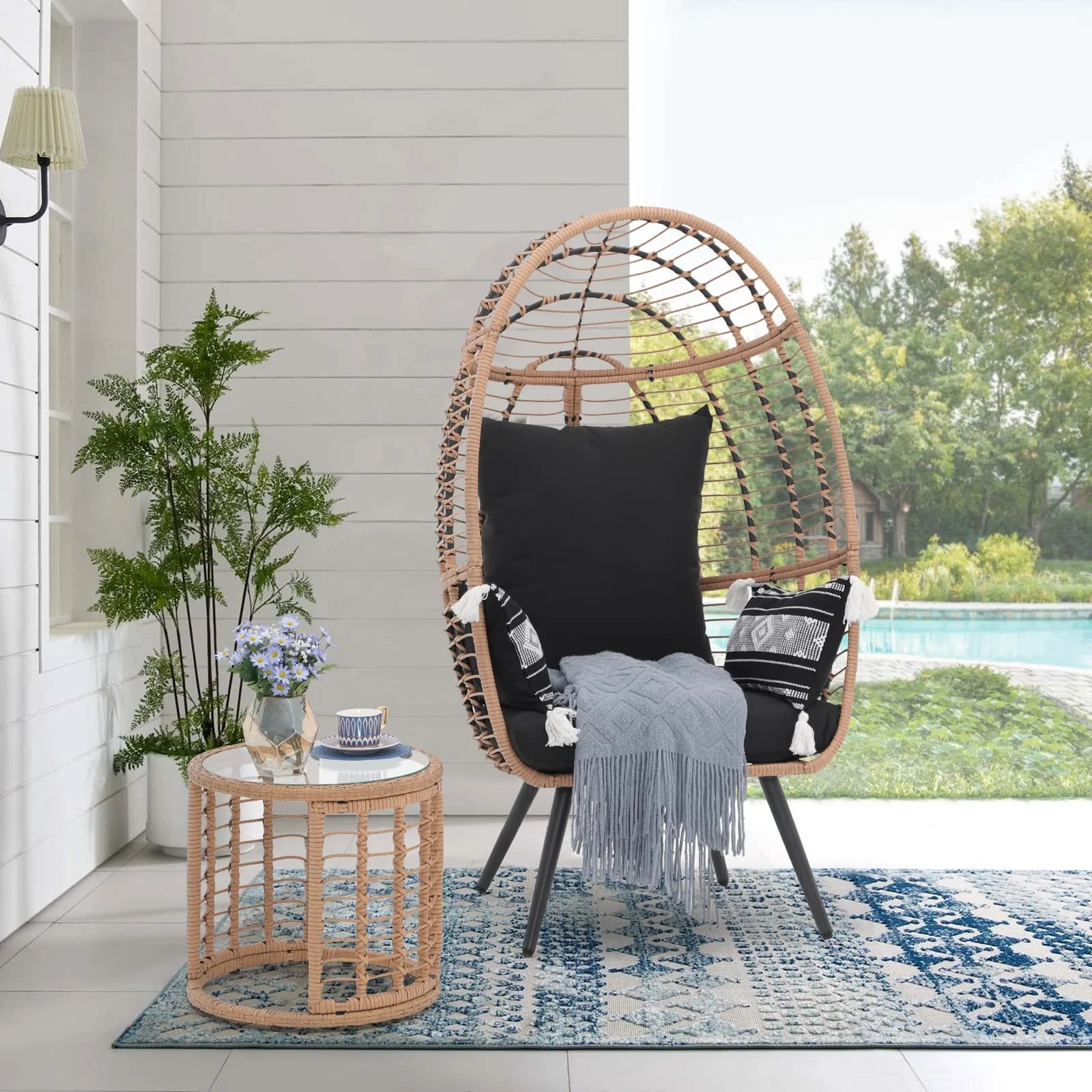 Indoor Outdoor Swing Egg Chair with Stand, Patio Foldable Grey Wicker Rattan Hanging Chair with Cushion, Light Gray - Image 29