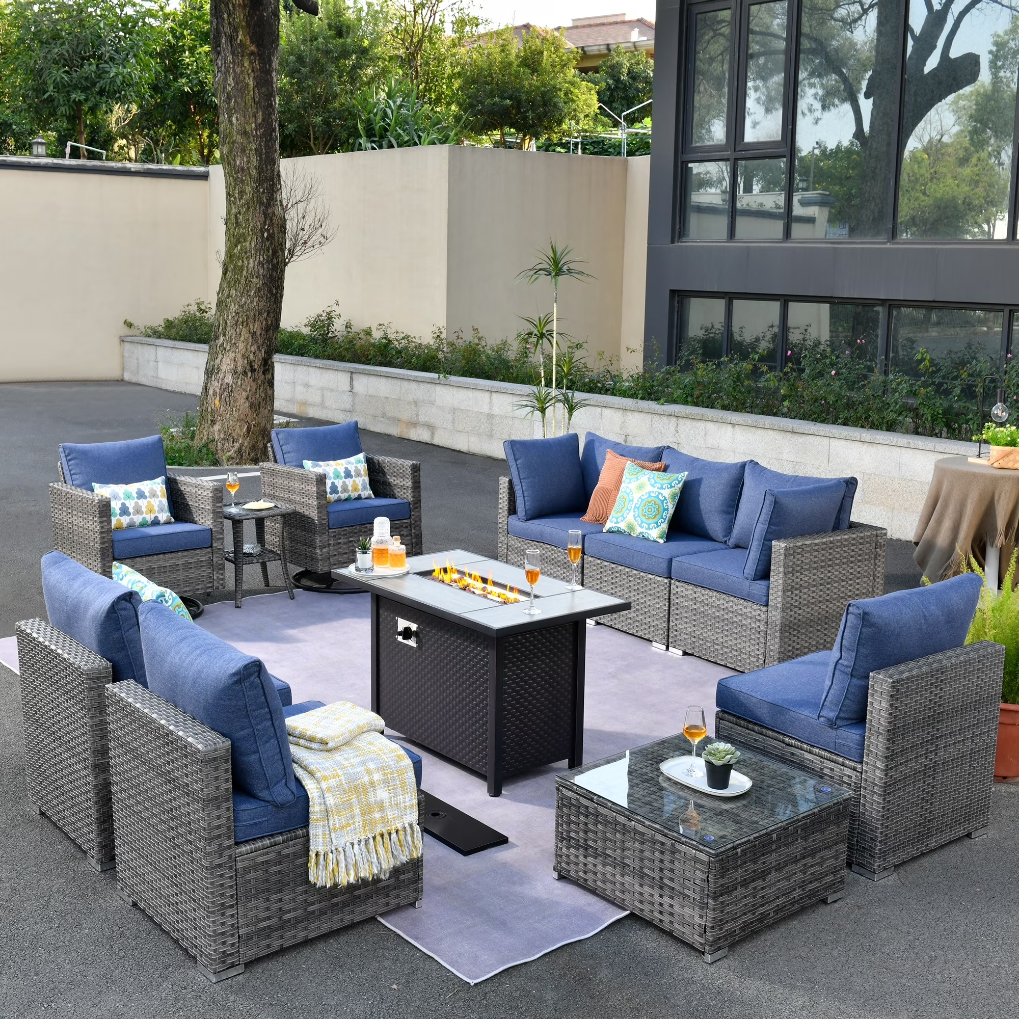 Ovios 11 Pieces Patio Fire Pit Set Outdoor Wicker Sectional Sofa Conversation Set with Swivel Rocking Chairs and Side Table,Dark Gray - Image 5