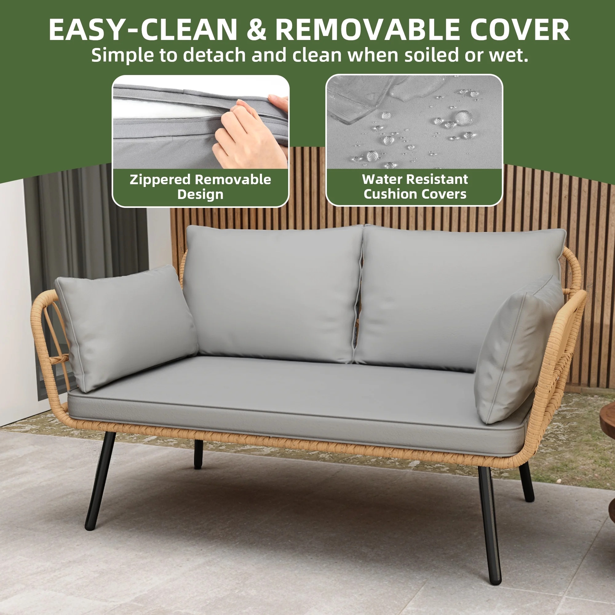Uforic Outdoor Wicker Loveseat with Cushions and Rattan Side Table, All-Weather 2 Pieces Bistro Patio Conversation Furniture Set -Beige - Image 40